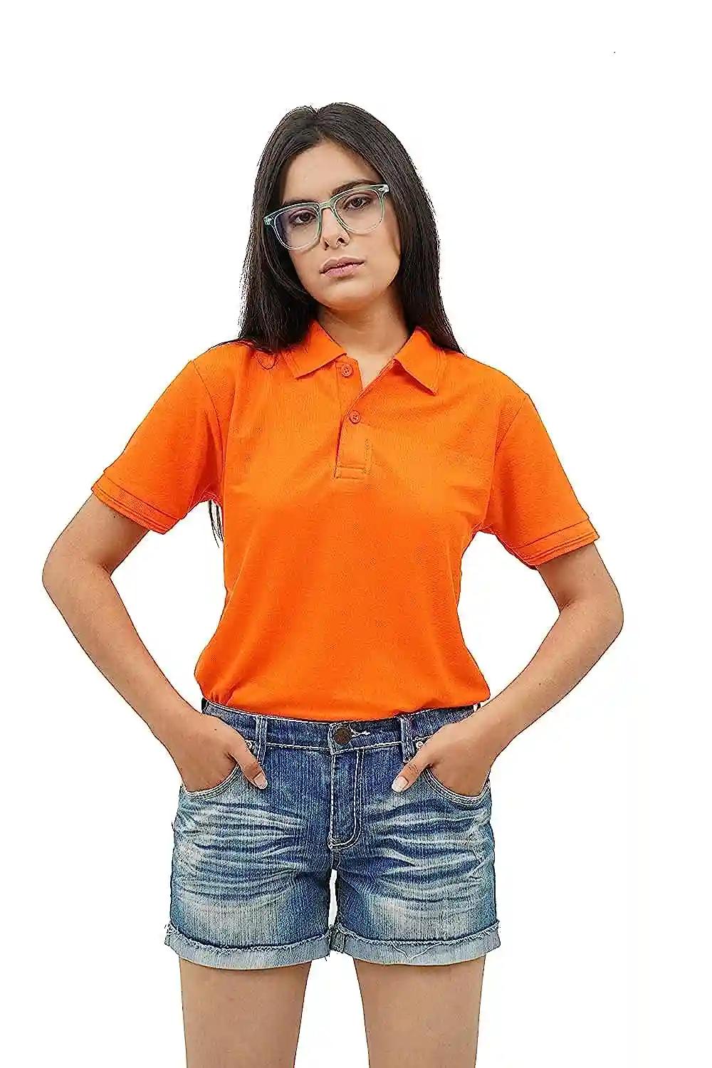 Cotton Polo Neck T-Shirt For Women - Orange (Small)