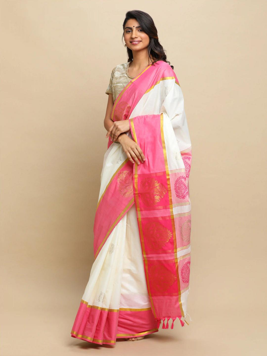 Plain Kerala Kasavu Pure Cotton Saree With Woven Border And Gold Prints All Over - Off White & Pink