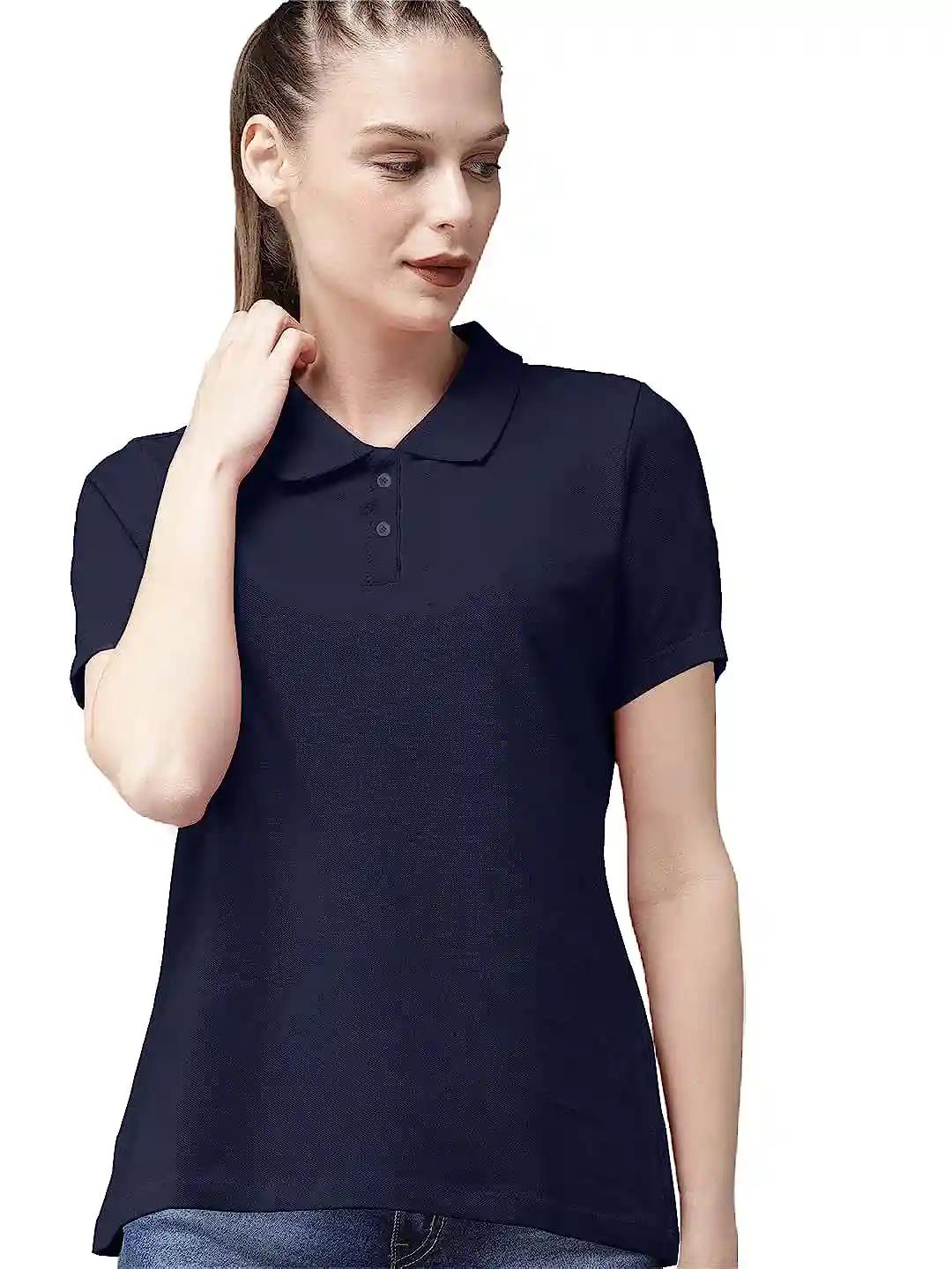 Cotton Polo Neck T-Shirt For Women - Navy Blue (Small)