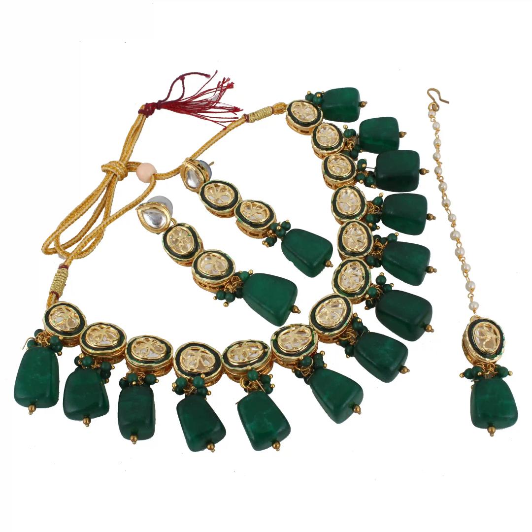 Gold Plated(18k) Meenakari Big Faux Kundan Dibbi Choker Necklace Set & Maang Tika - Green