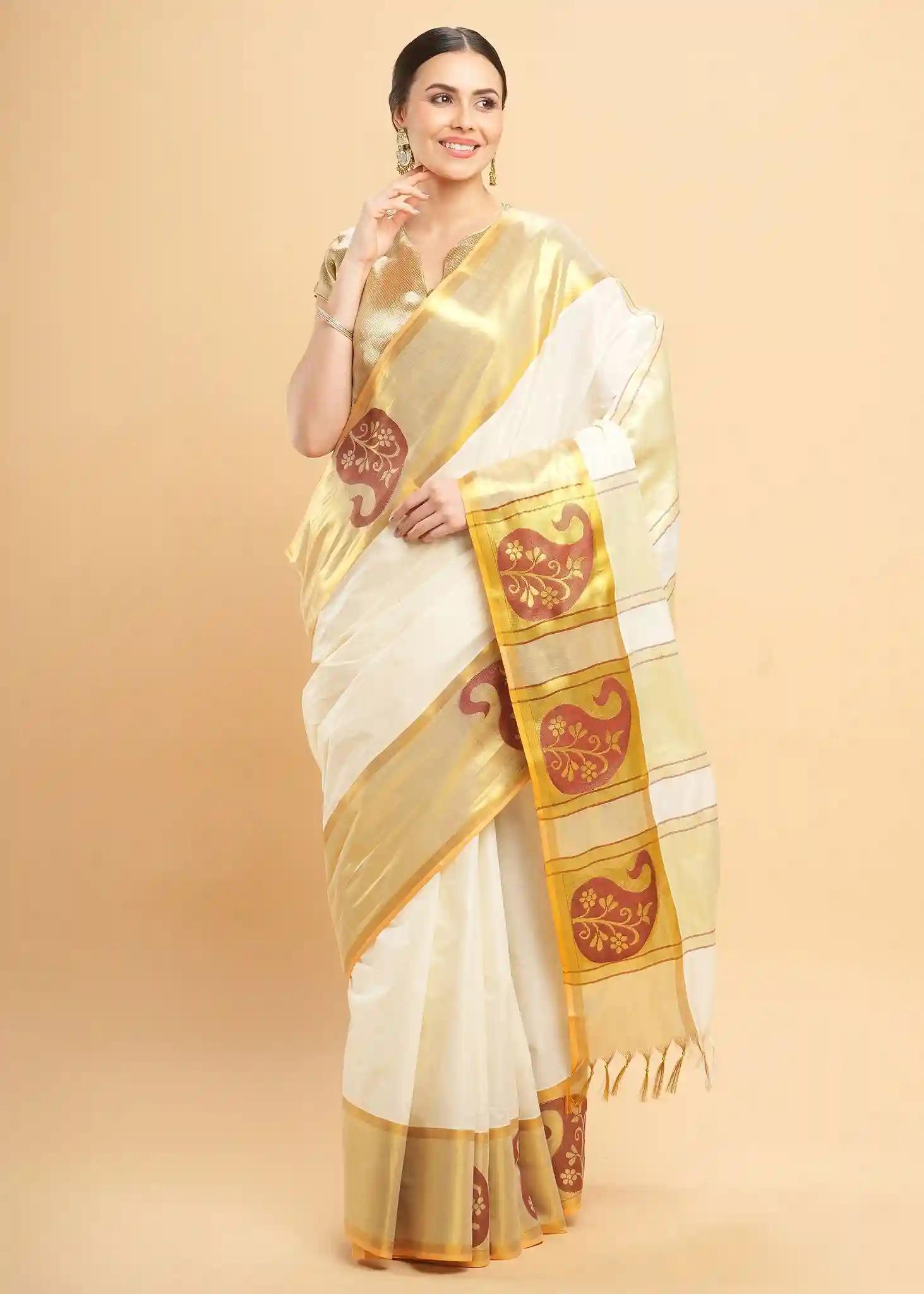 Plain Kerala Kasavu Pure Cotton Saree With Tissue Woven Border - Off White & Maroon