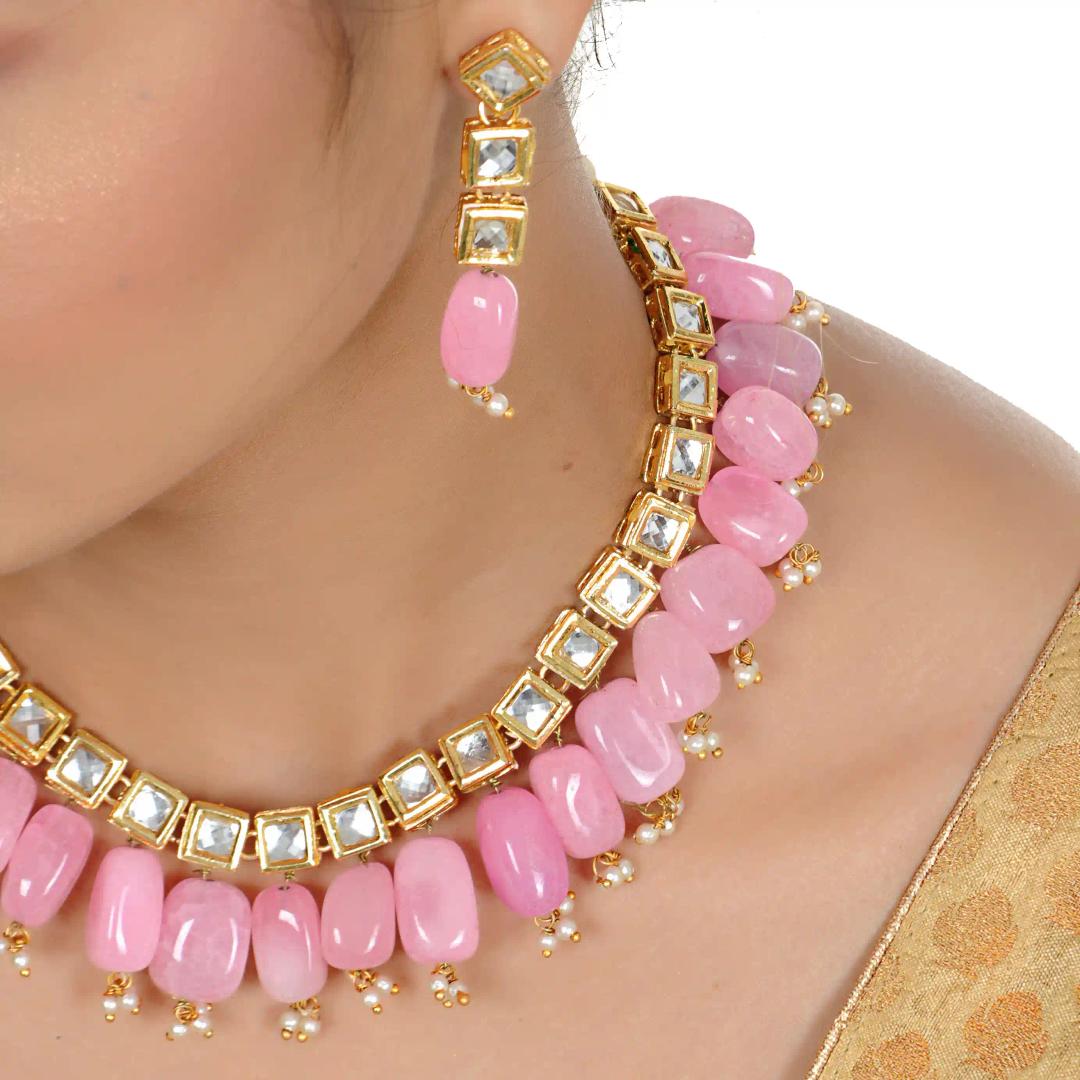 Gold Plated(18k) Square Design Kundan Choker Necklace & Earrings - Pink