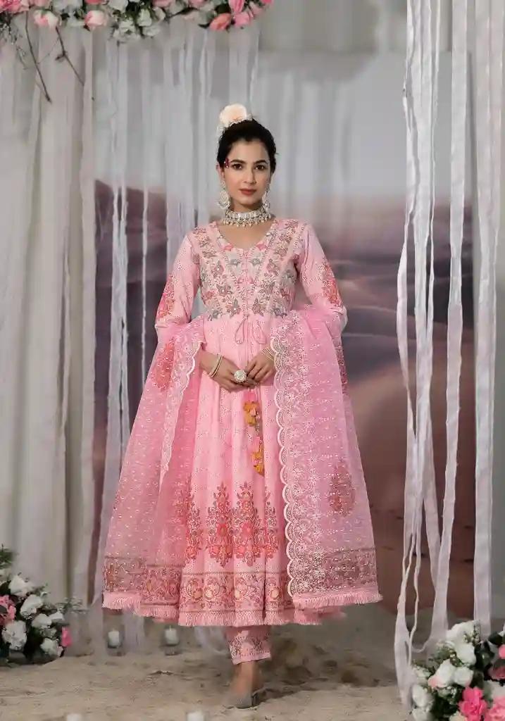 Cotton Embroidery Salwar Suit - Pink | Size - 38