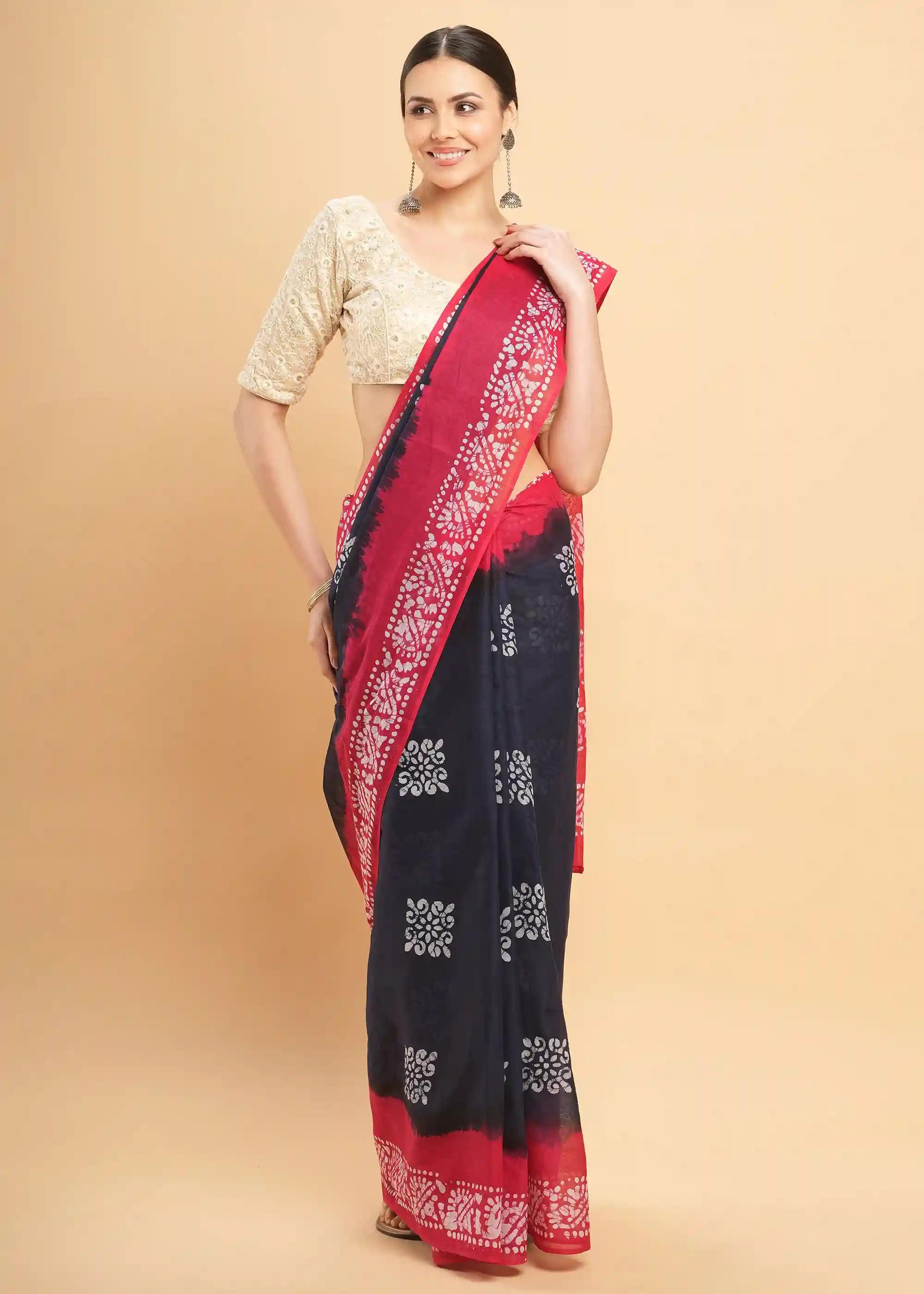 Mul Mul Pure Cotton Saree With Tie N Dye And Batik Prints - Navy Blue & Rani