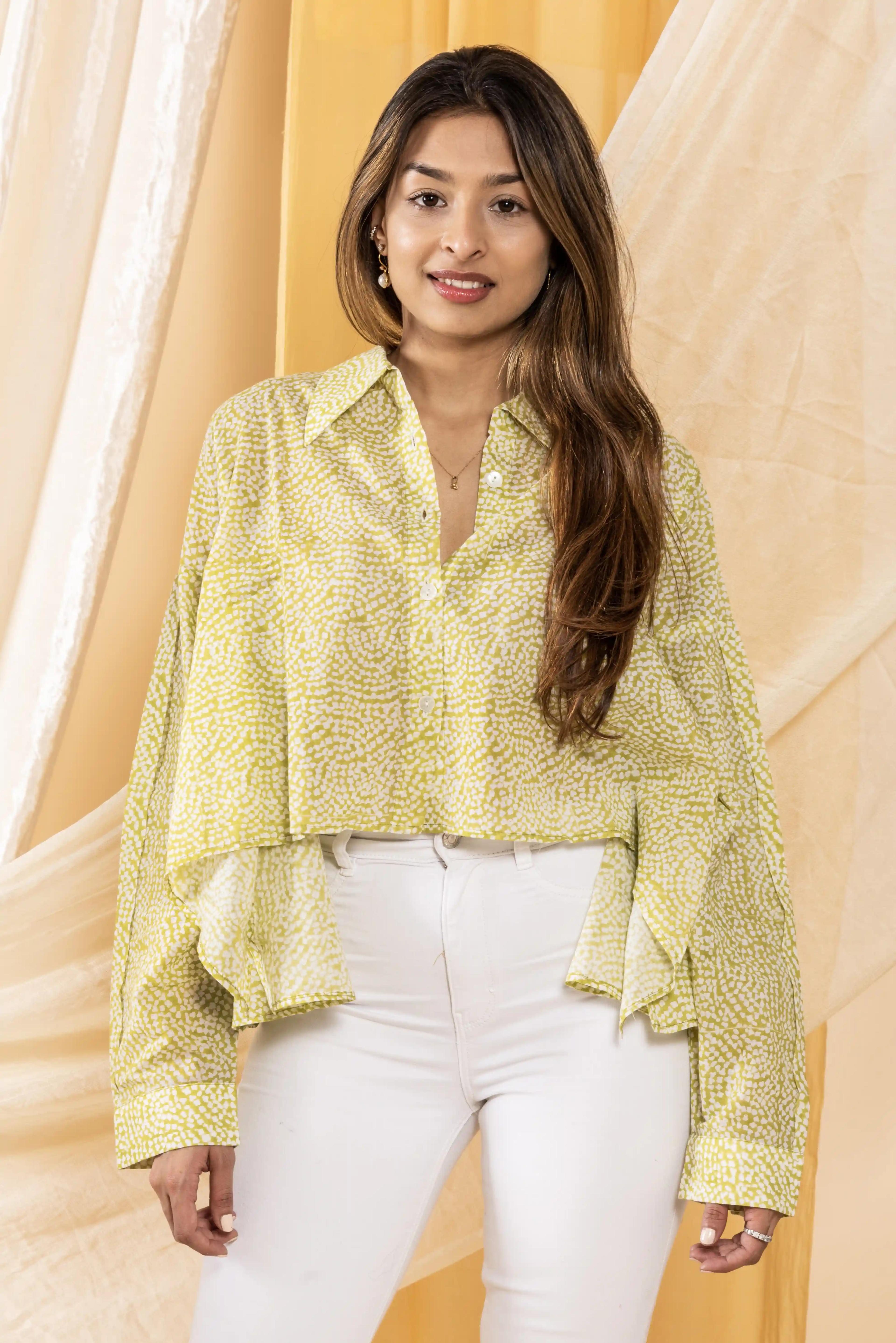 Lemon Green Bandhani High-Low Shirt - Small