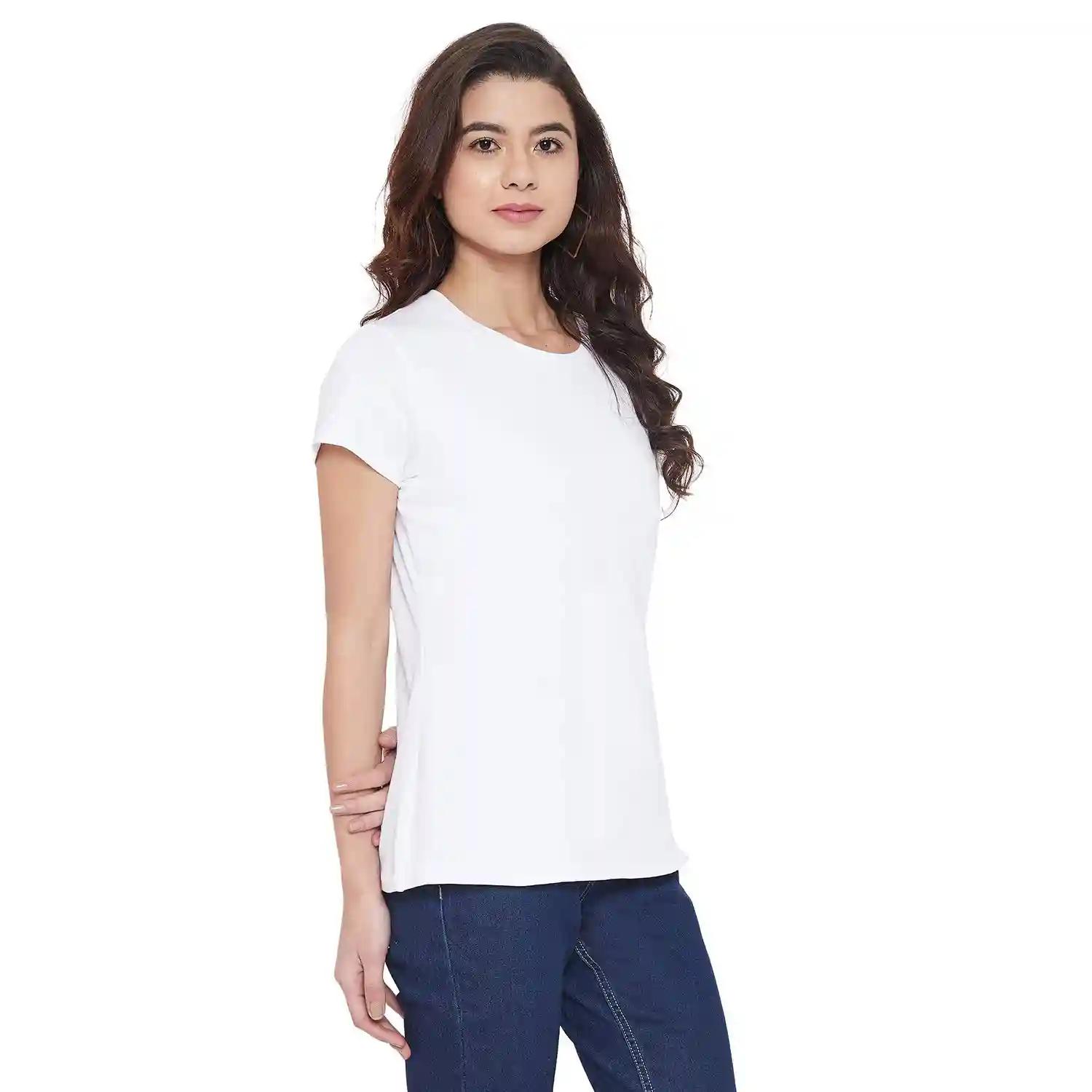 Cotton Round Neck T-Shirt For Women - White (Small)