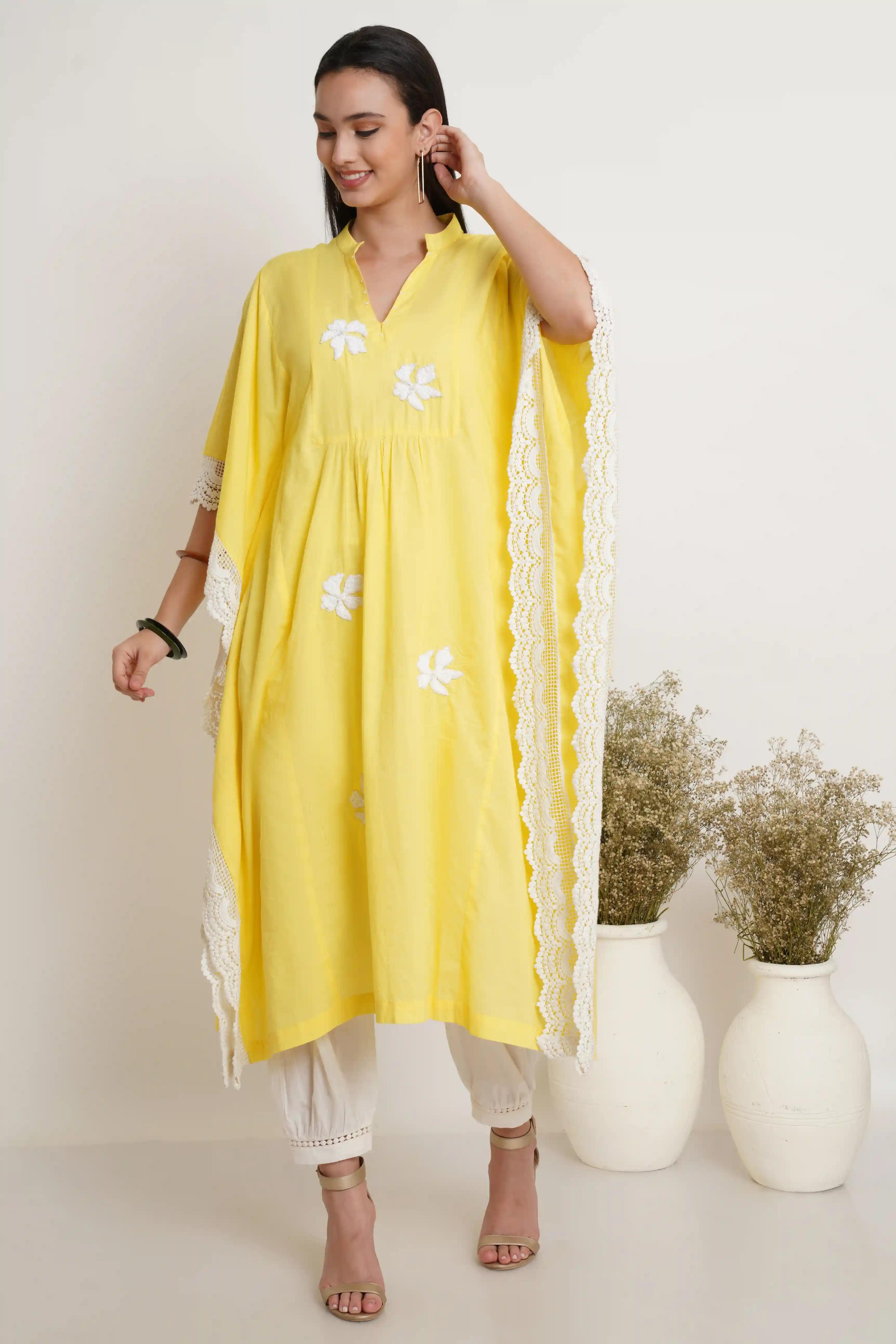 Yellow Hand Embroidered Kaftan - X-Small