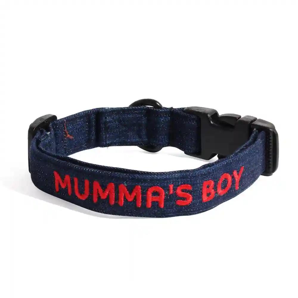 Mumma's Boy Embroidered Denim Fabric Dog Collar - Small