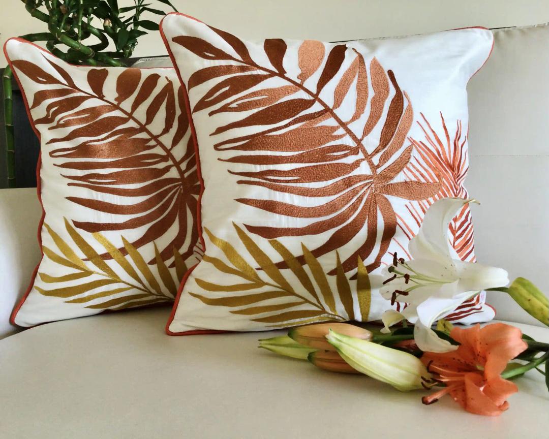 Palm Springs-  Embroidered Cotton Silk Cushion Cover- Autumn Orange- Set of 2