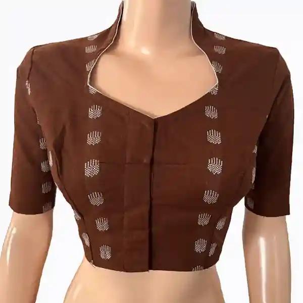 Jacquard Handloom High neck Blouse with Lining - Brown S