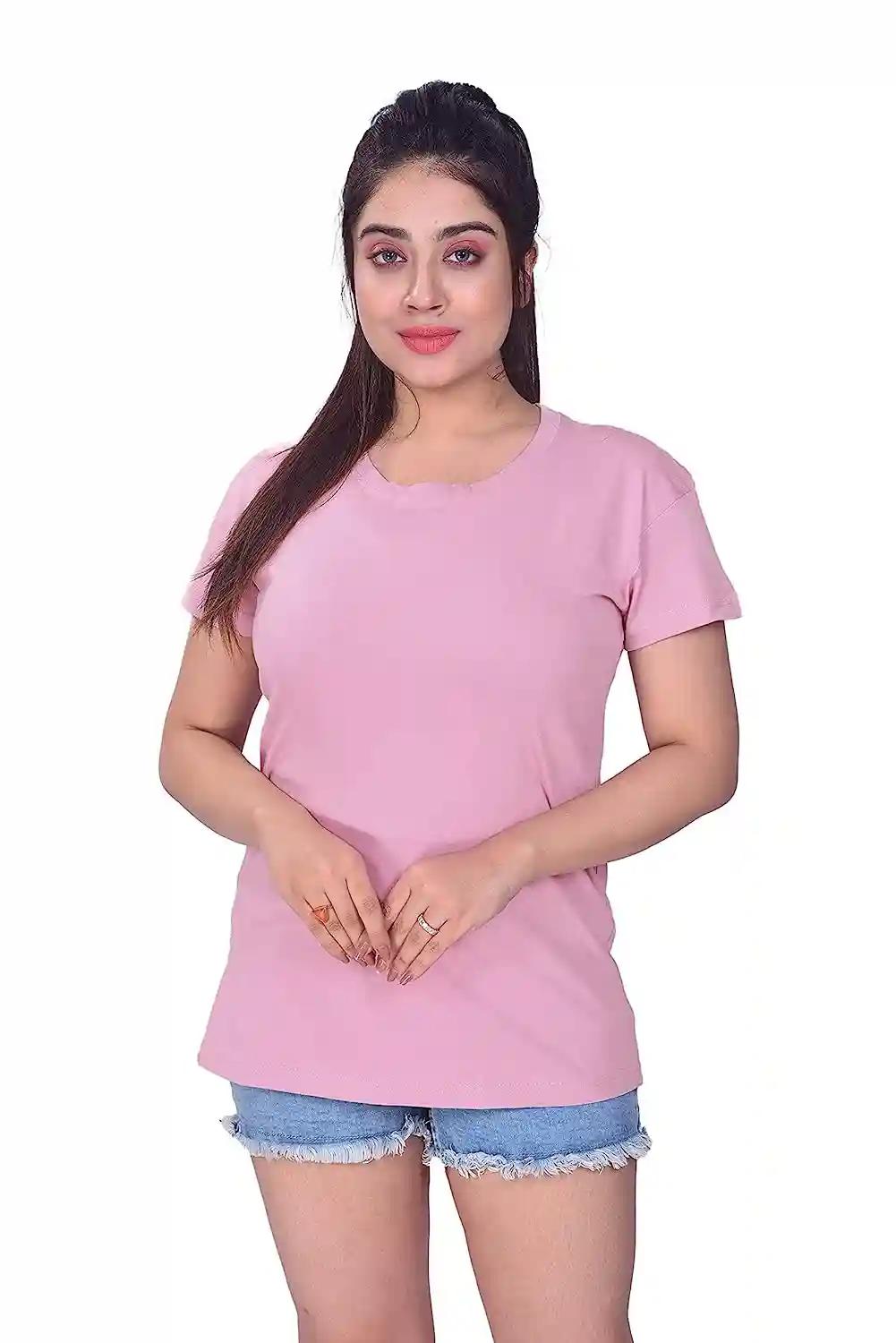 Cotton Round Neck T-Shirt For Women - Pink (Small)