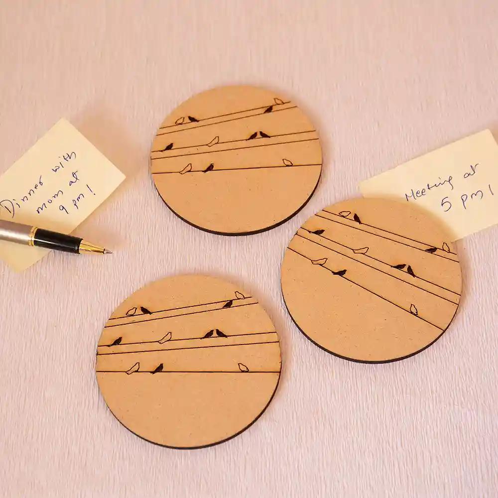 Brown Round Bird Theme Wooden Coasters - Set of 3