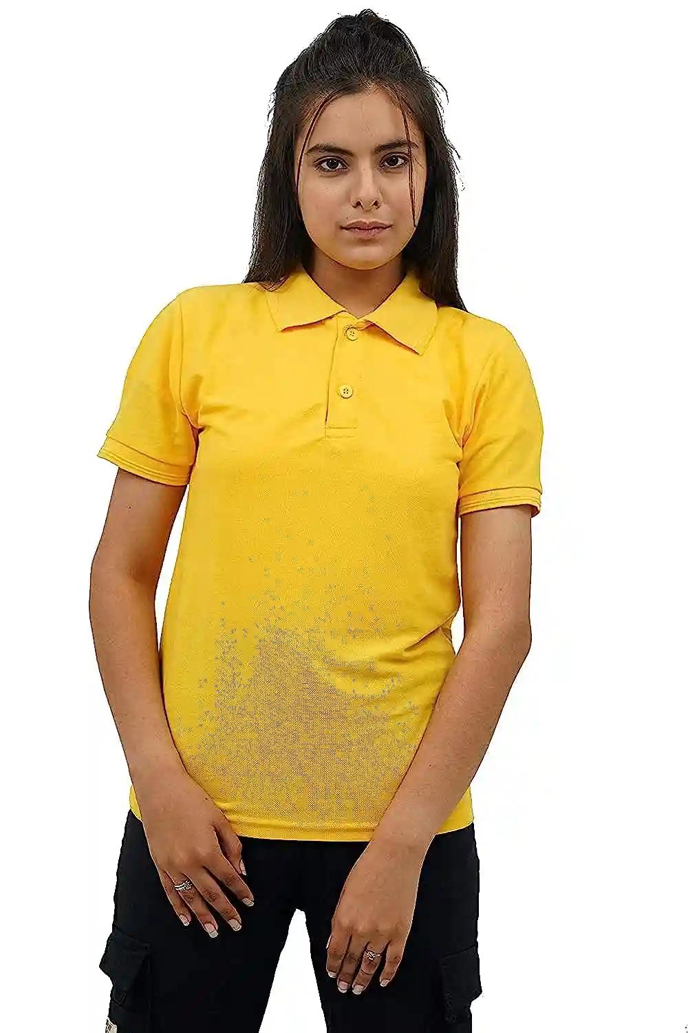 Cotton Polo Neck T-Shirt For Women - Yellow (Small)