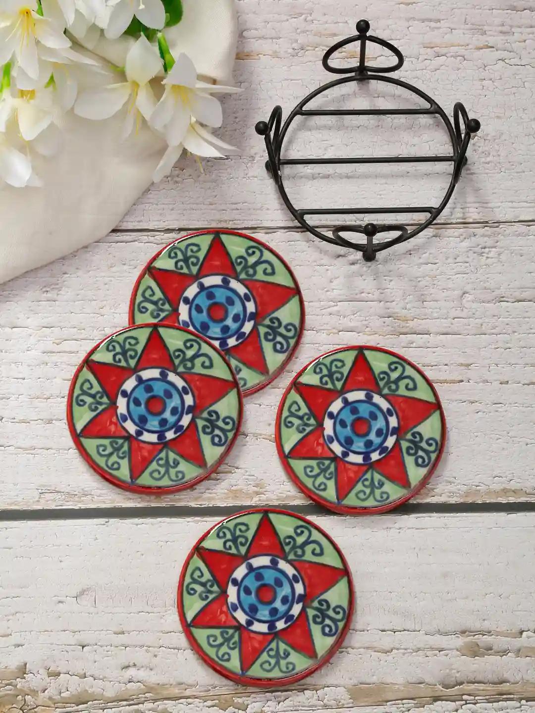 Shilpkara "Celestial Stars" Hand Painted Wooden Coffee and Tea Coasters With Stand - Set of 4