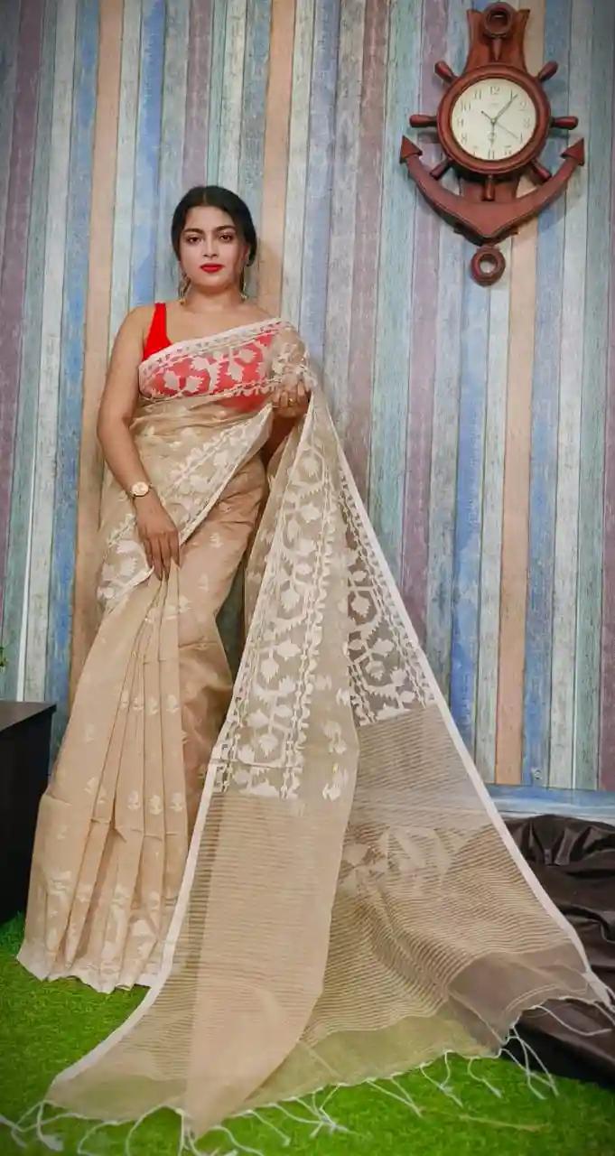 Beige Reshom Silk Handloom Jamdani Saree