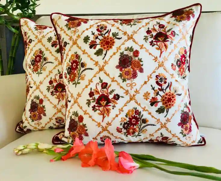 Victoria- Embroidered Cotton Silk Cushion Cover- Multicolor- Set of 2