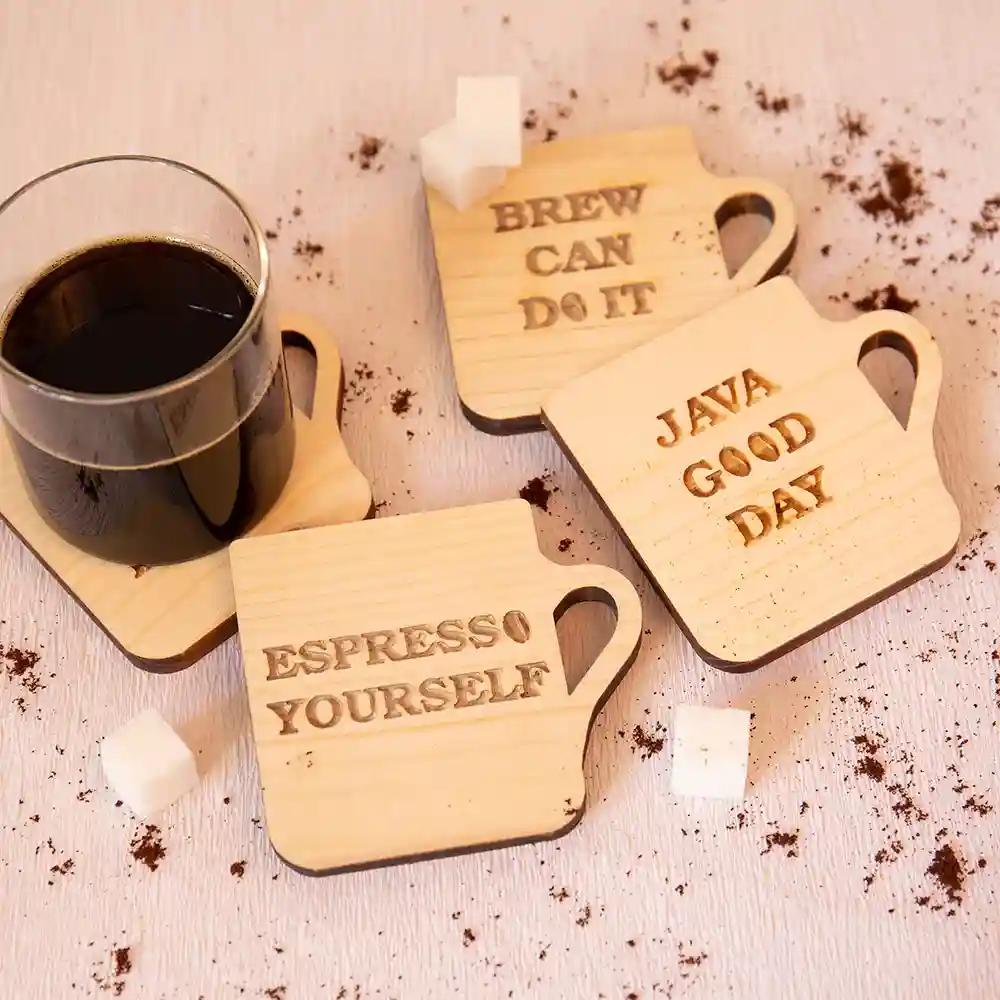 Brown Coffee Theme Wooden Coasters - Set of 4