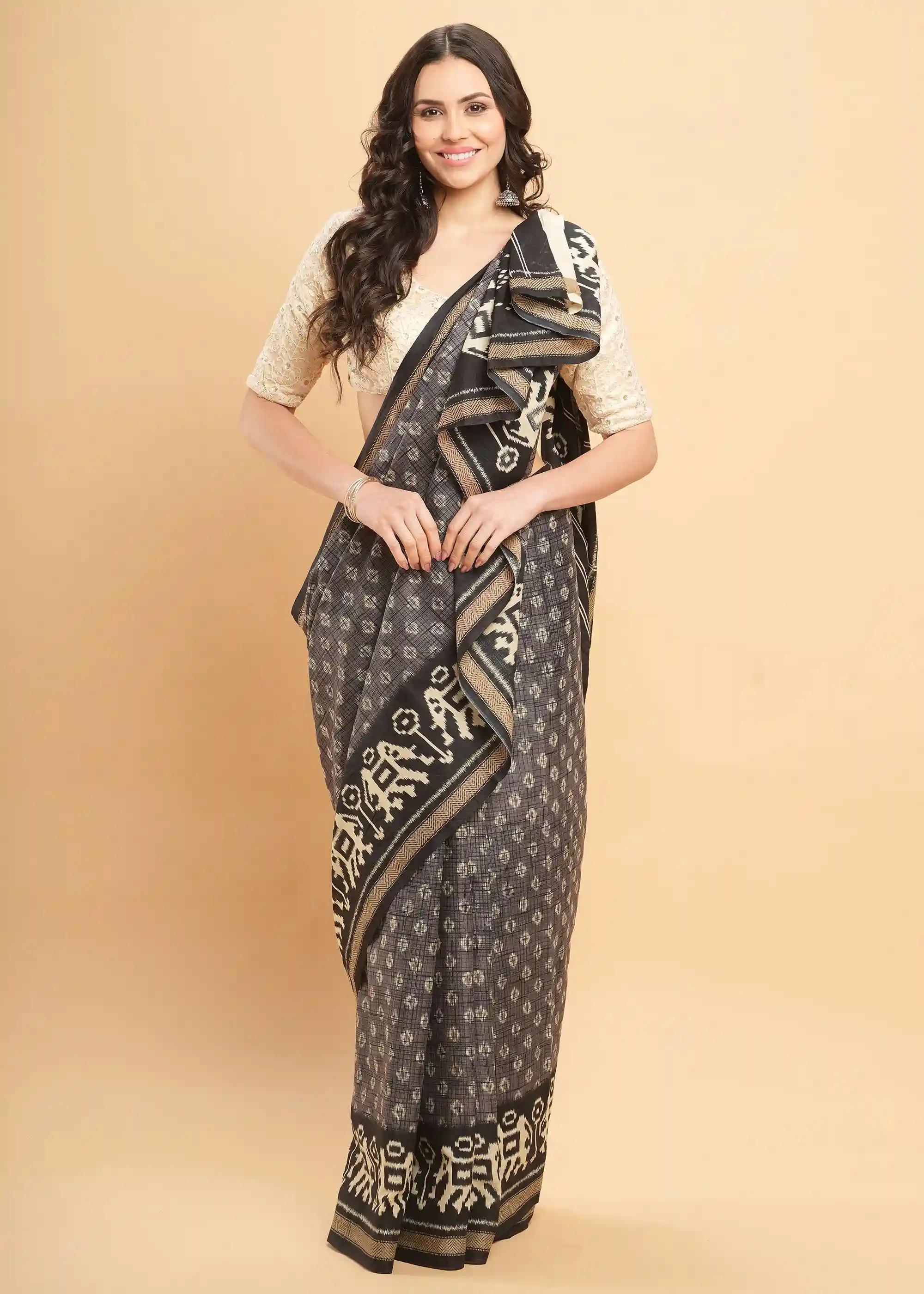 Mul Mul Pure Cotton Saree With Ikat Prints All Over - Grey & Black