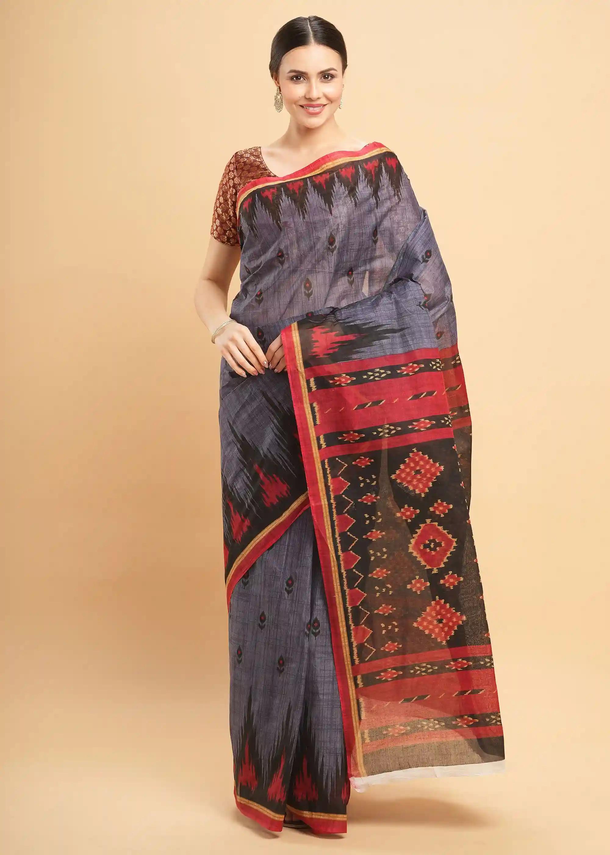 Mul Mul Pure Cotton Saree With Sambalpuri Ikat Prints - Grey