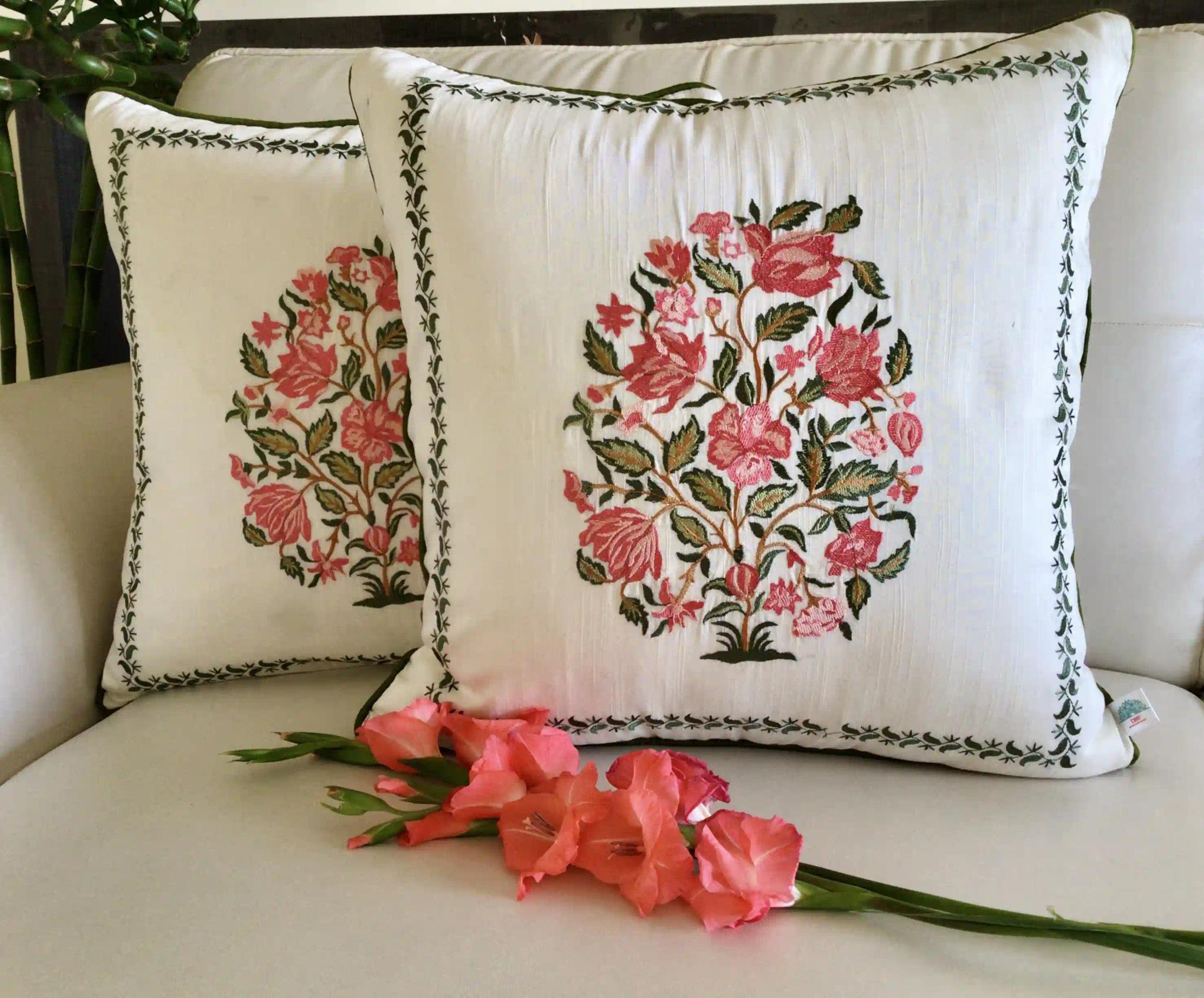 Noor- Embroidered Cotton Silk- Cushion Cover- Pastel Pink & Green- Set of 2