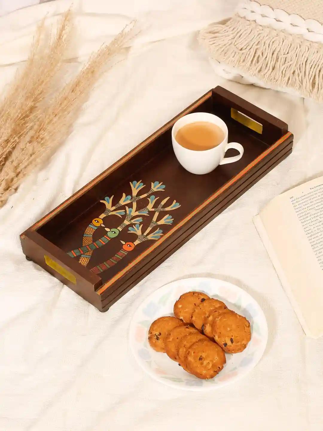 Shilpkara Chirping Birds Handcrafted Wooden Tray for Serving