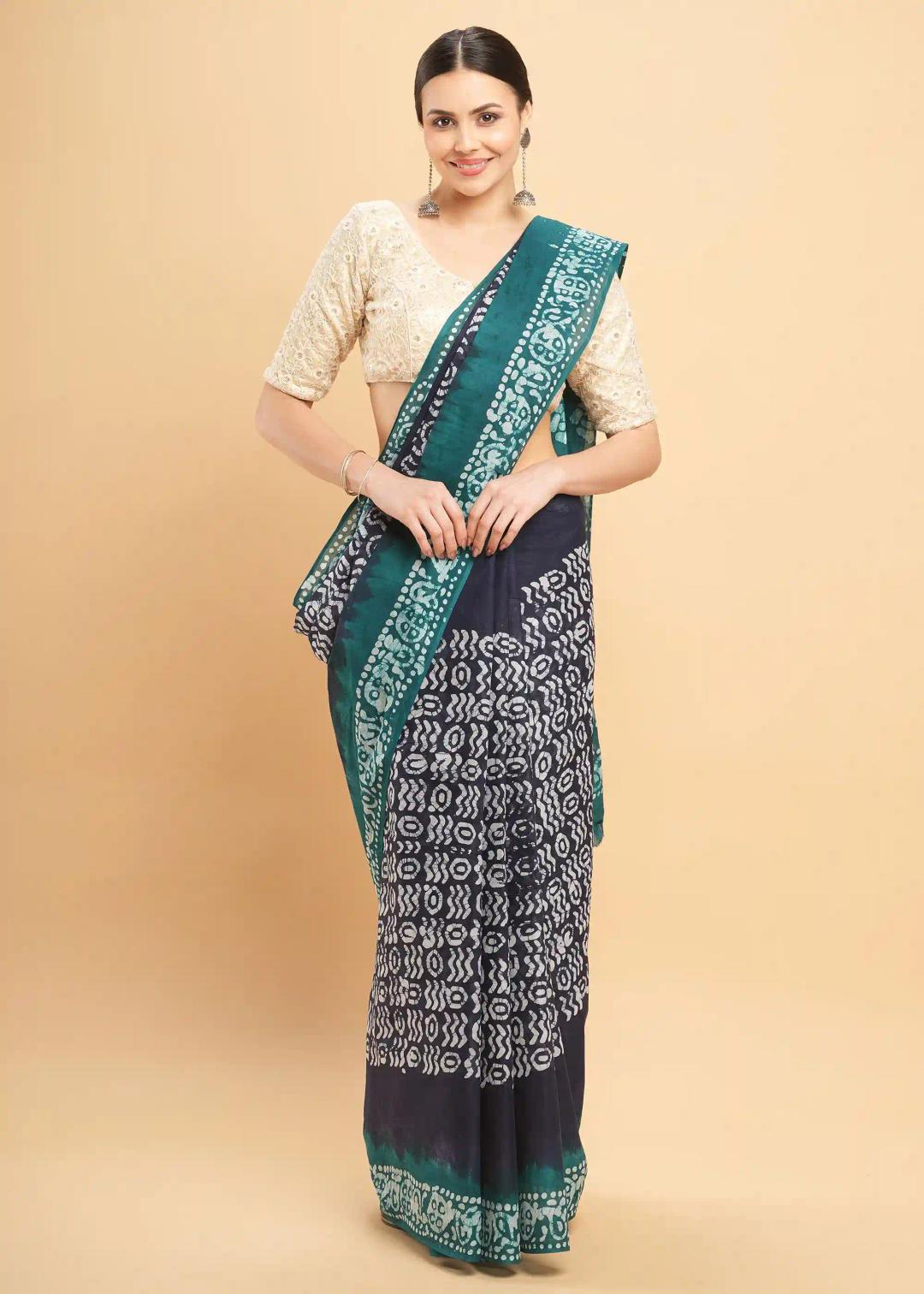 Mul Mul Pure Cotton Saree With Tie N Dye And Batik Prints - Navy Blue & Rama