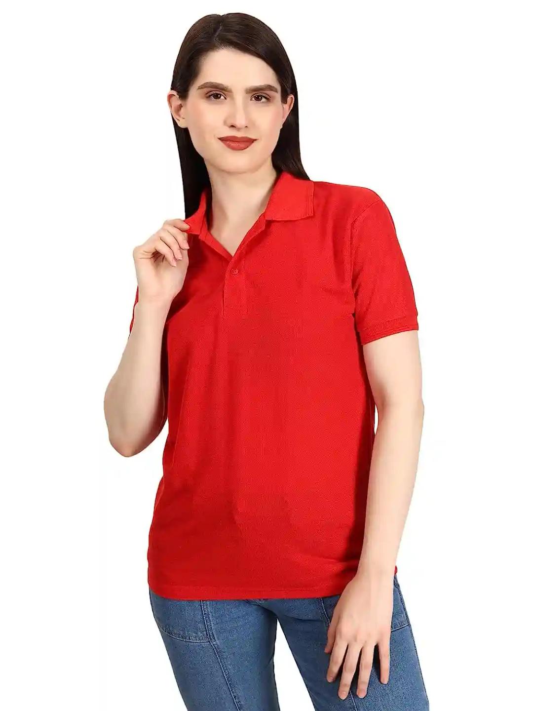 Cotton Polo Neck T-Shirt For Women - Red (Small)