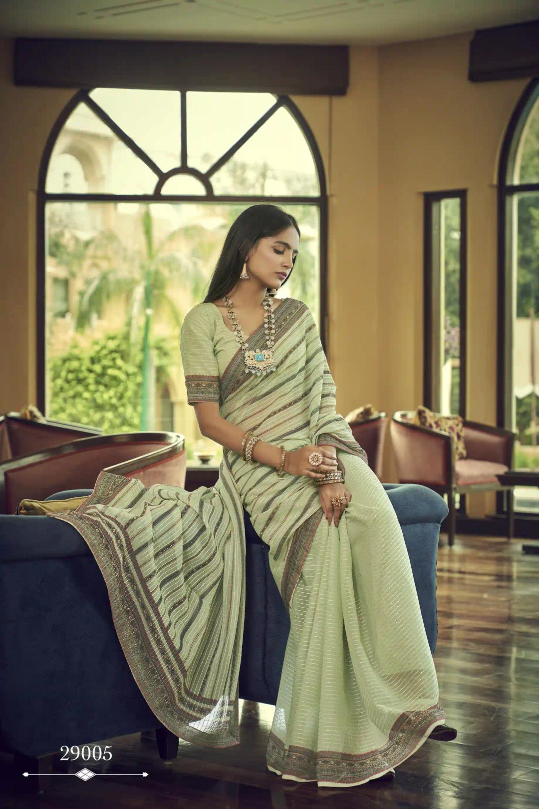 Sequins Thread Georgette Saree - Light Green