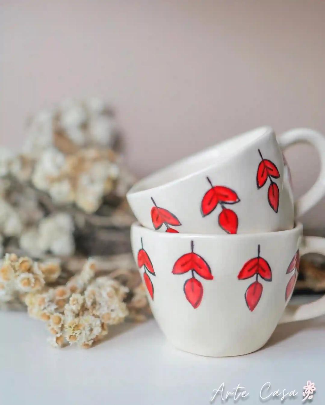 Red Leaf Ceramic Mugs - Set of 2