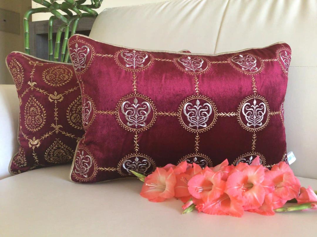 Padmini- Embroidered Luxury Velvet Cushion Cover- Wine Red- Set of 1