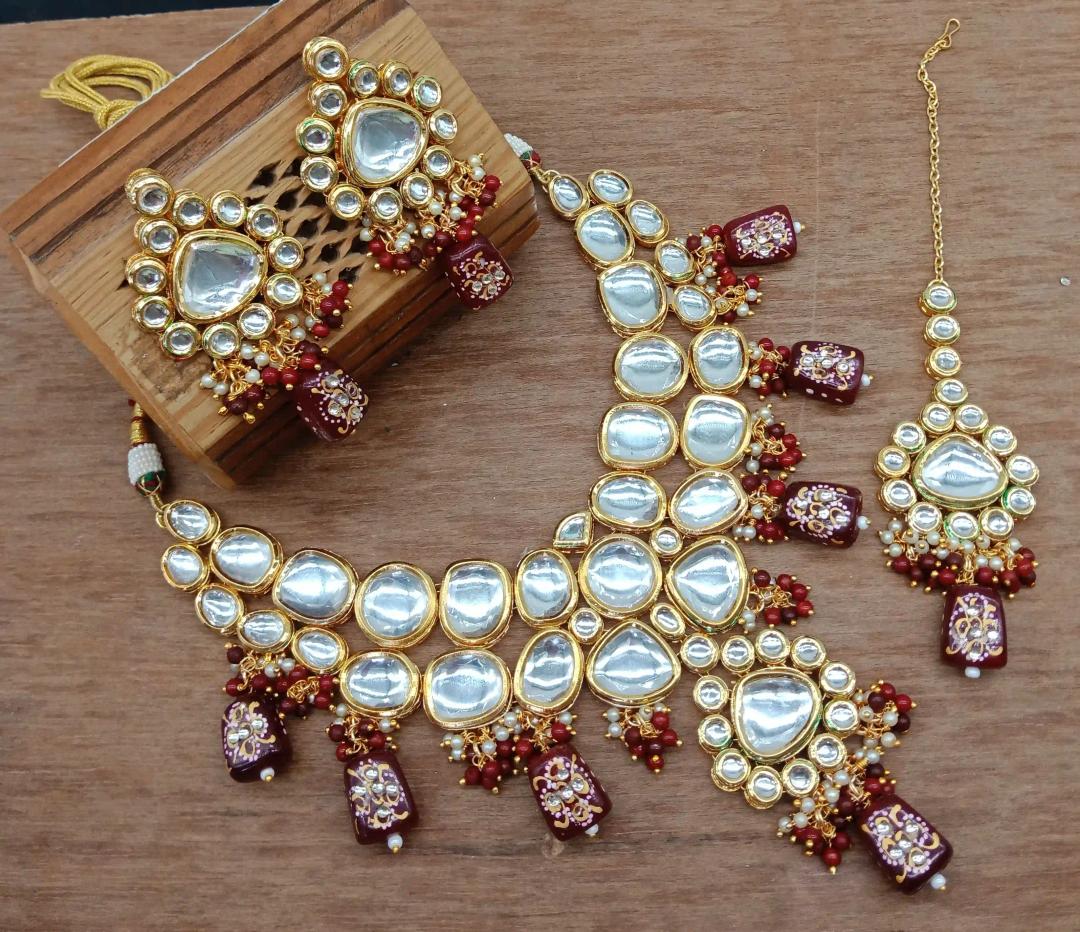 Maroon Jaipuri Handmade Drops With Heavy Polki Kundan Necklace Set - Maroon