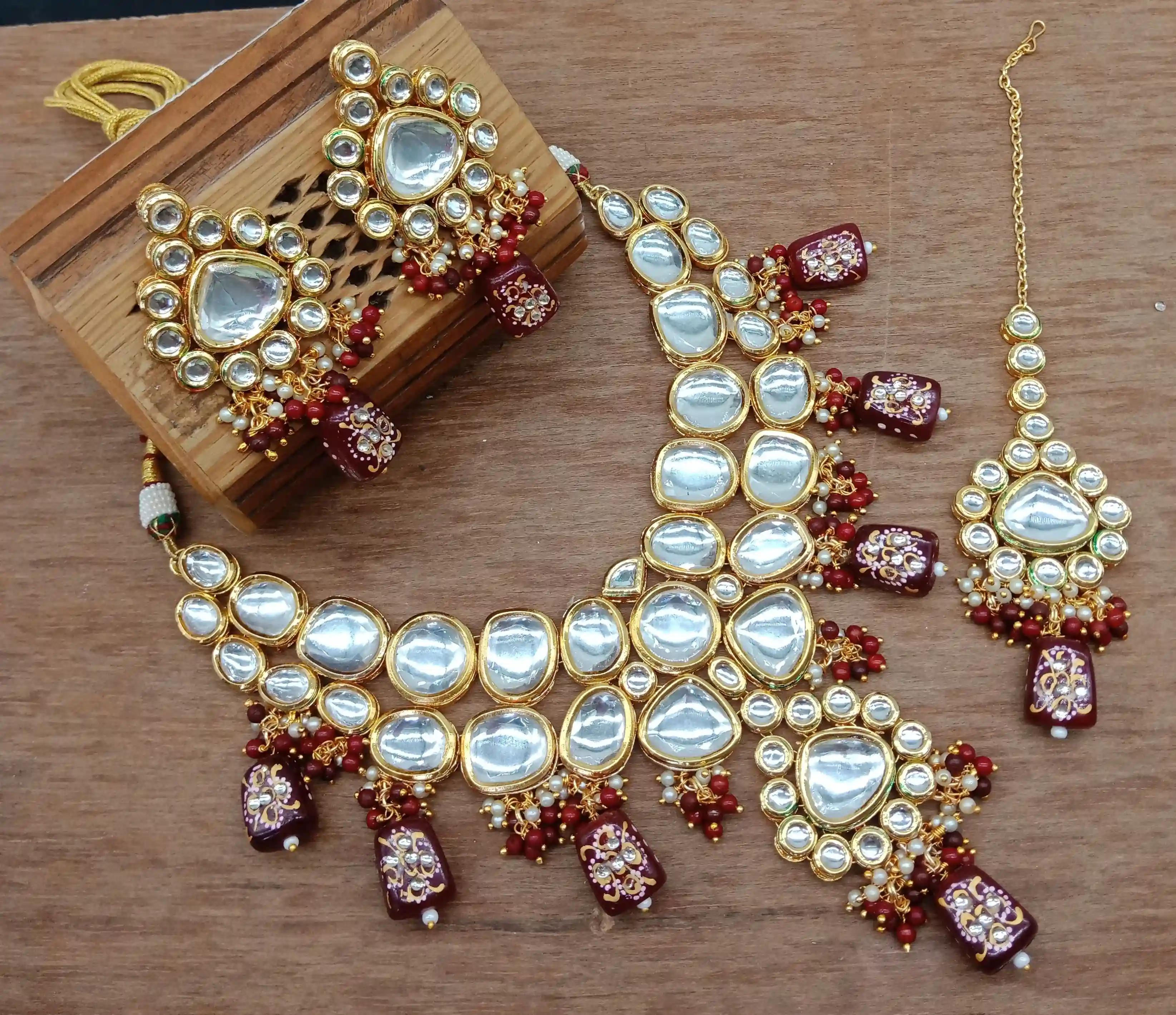 Maroon Jaipuri Handmade Drops With Heavy Polki Kundan Necklace Set - Maroon