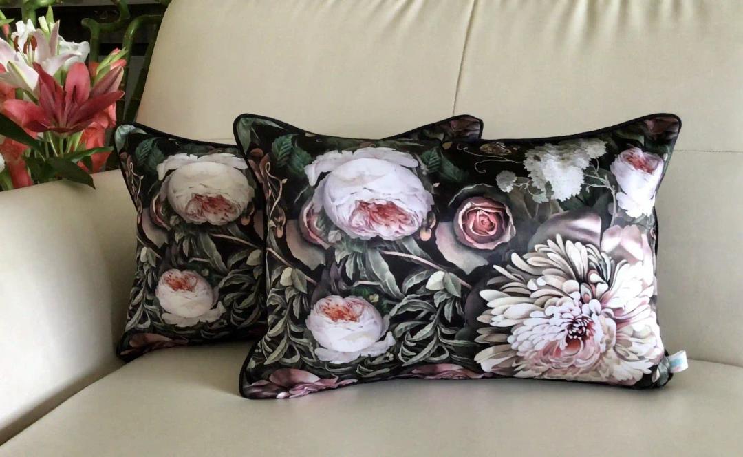 Vintage garden- Reversible- Rectangular Cushion Covers- Classic Black- Set of 2