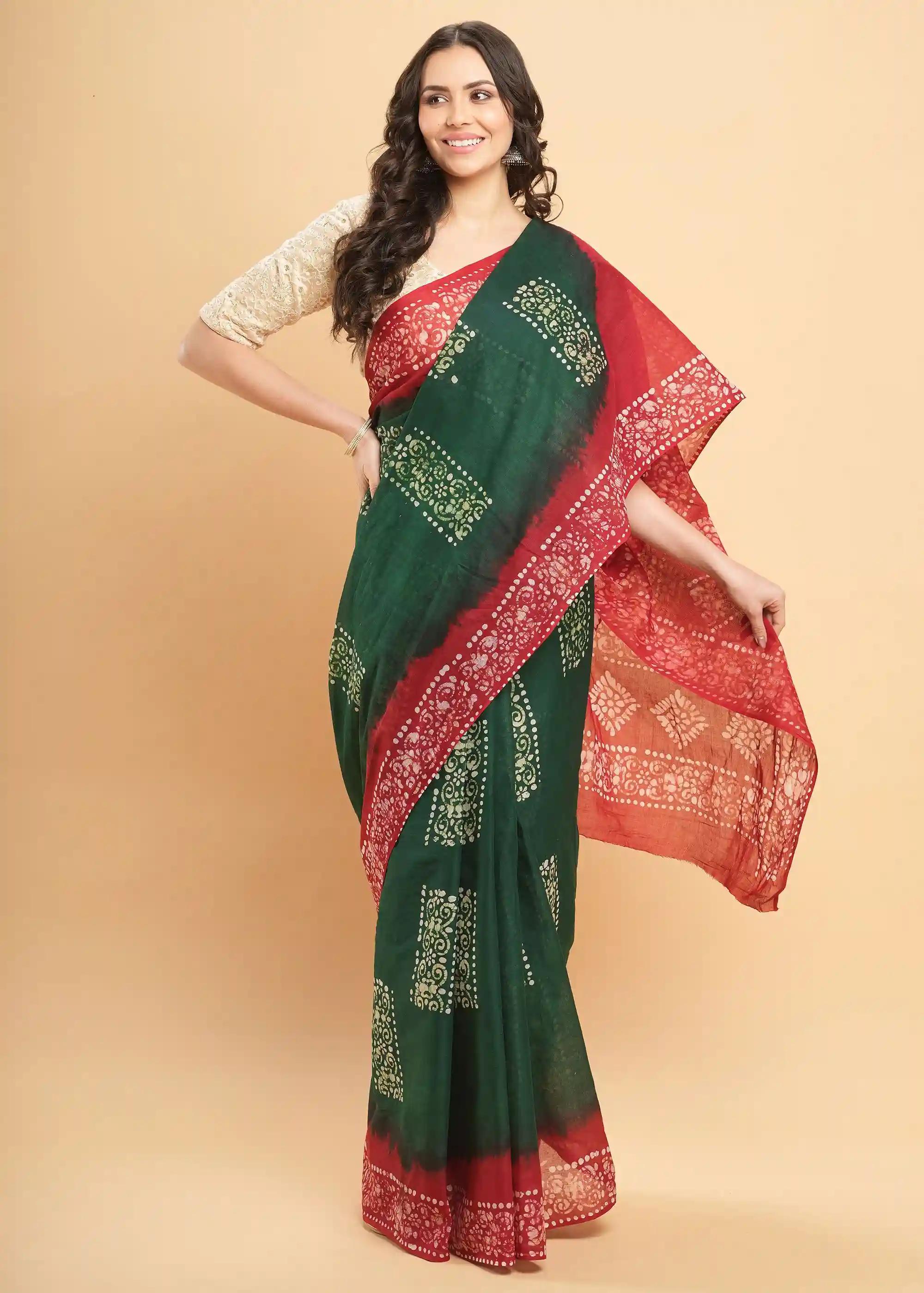 Mul Mul Pure Cotton Saree With Tie N Dye And Batik Prints - Green & Red