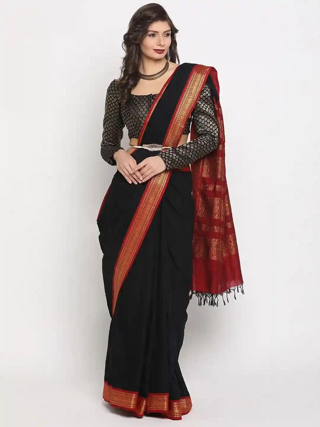 Gadwal Silk Cotton Sarees With Plain Body - Black Maroon