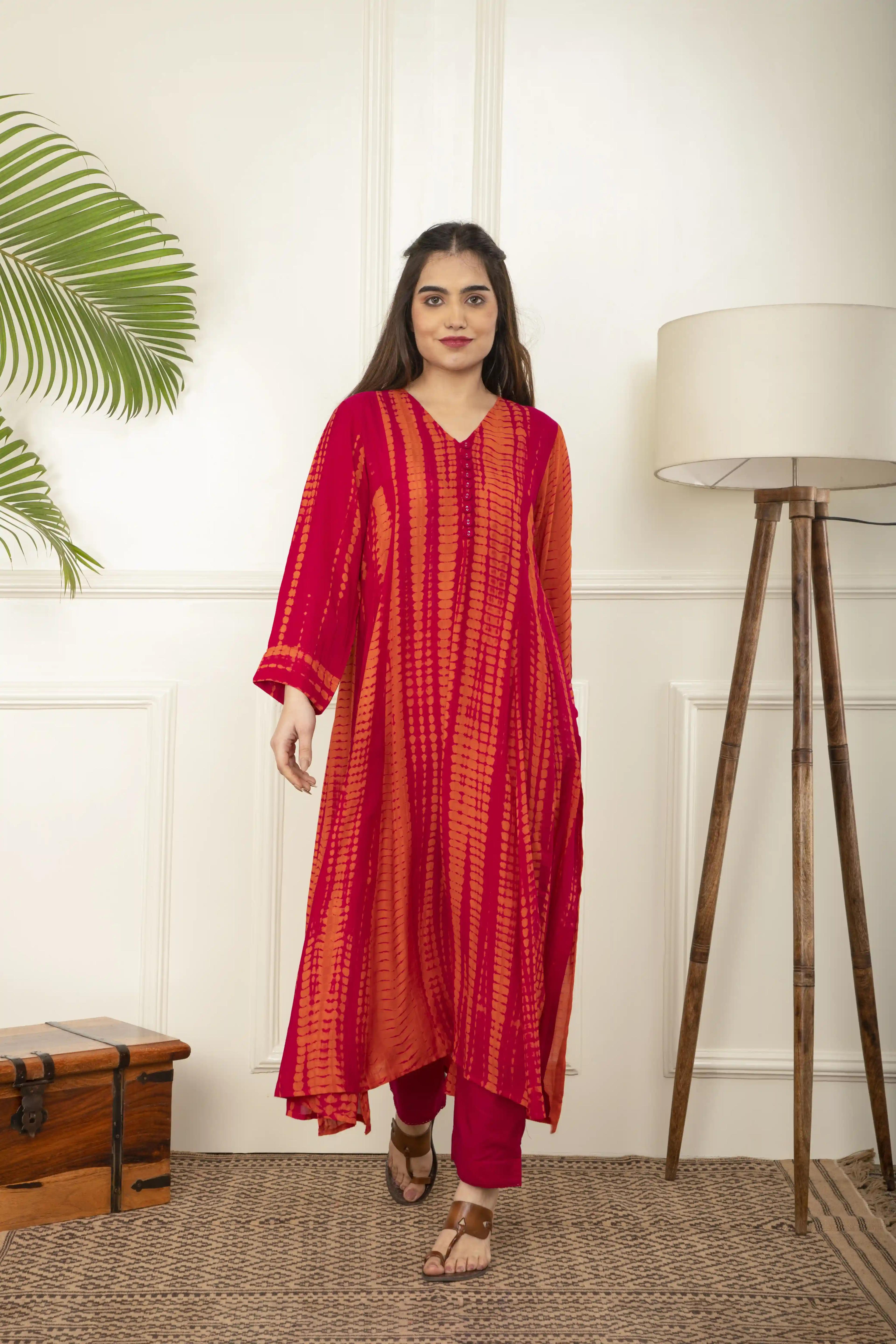 Pink And Orange Rope Tie And Dye Kurta Sets - X-Small