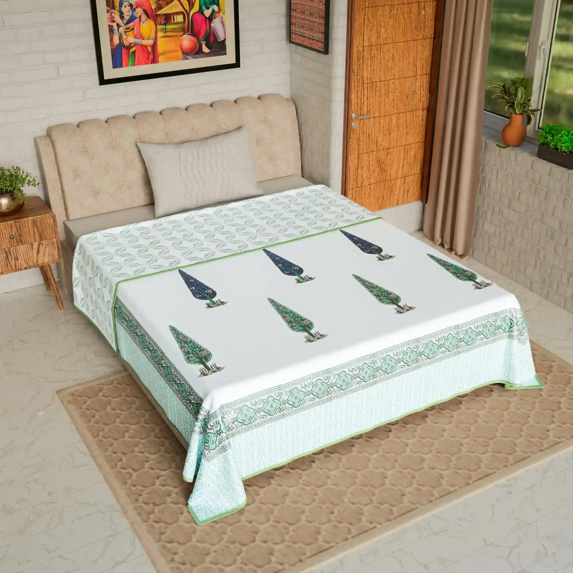 Jaipur Dohar Hand Block Printed Single Bed Cotton Dohar - Blue Green Palm