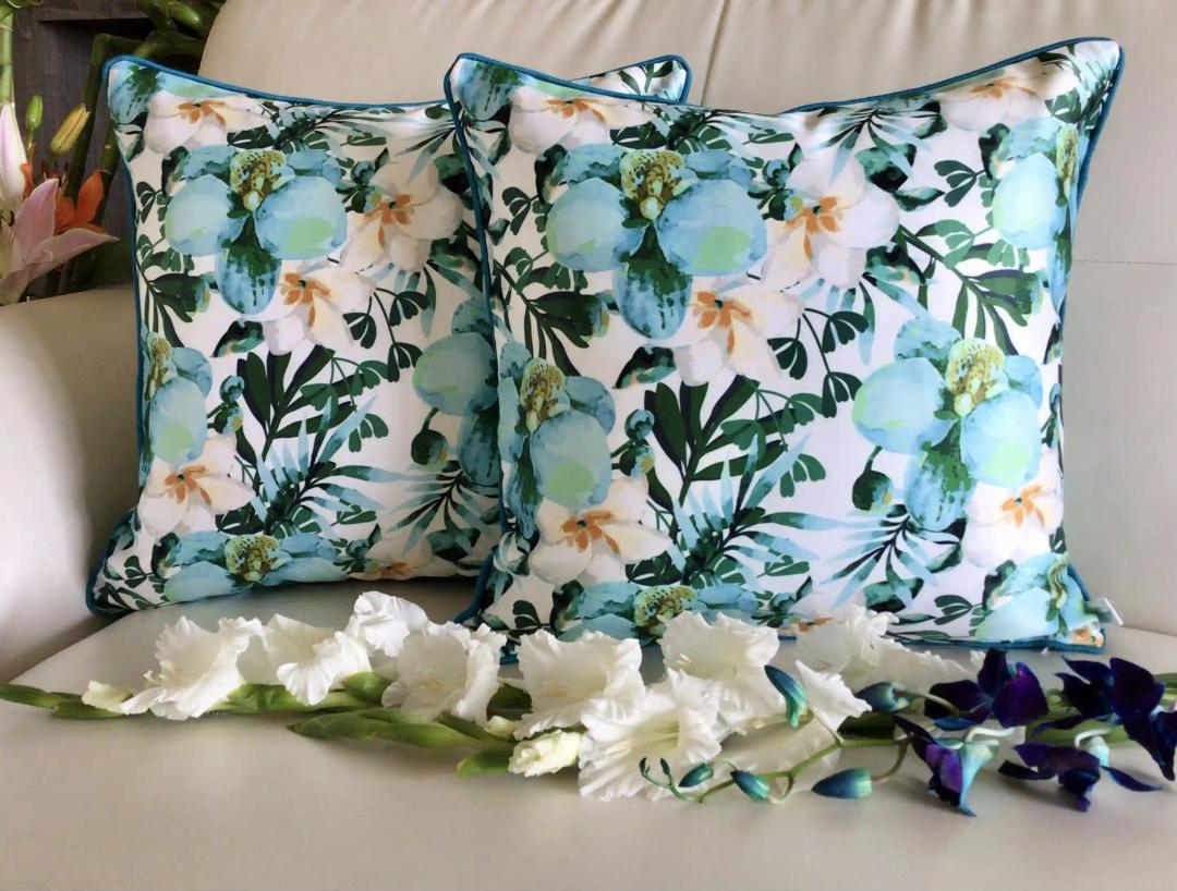 Watercolor Orchids- Reversible- Cushion Covers- Aqua Blue- Set of 2