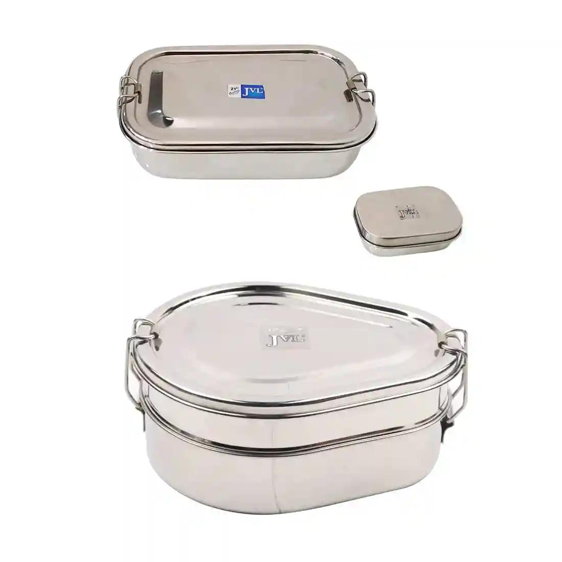 Jvl Stainless Steel Rectangular Single Layer Lunch Box With Small Container & Big Drop Double Layer Lunch Box With Inner Plate Not Leak Proof - Pack Of 2