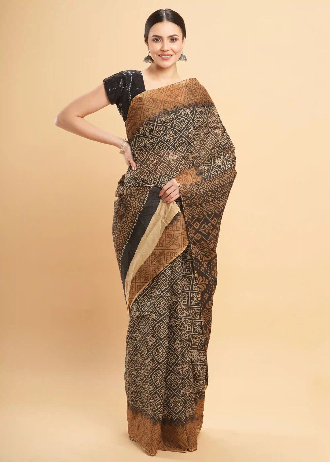 Mul Mul Pure Cotton Blocked Printed Gadwal Saree - Black