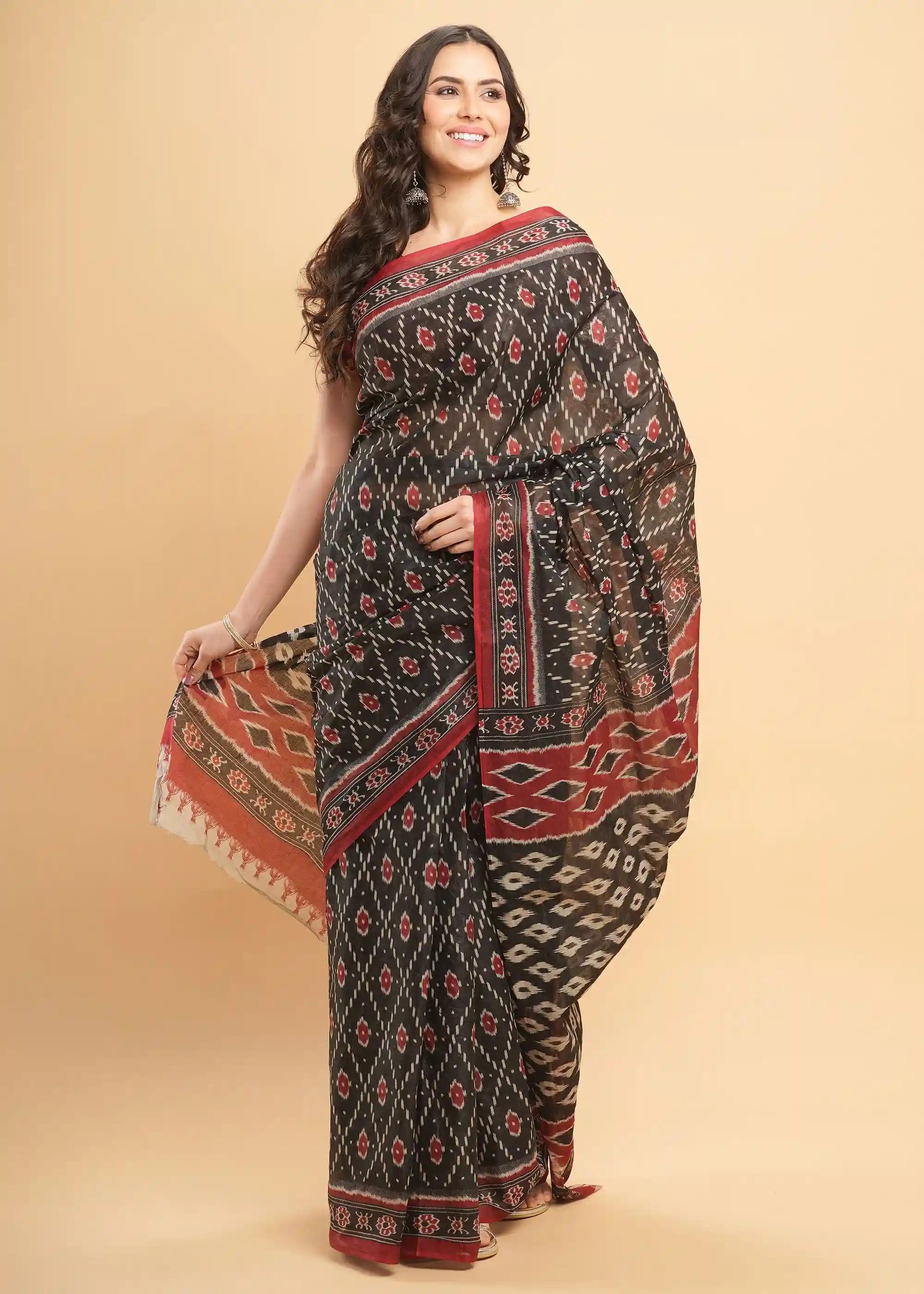 Mul Mul Pure Cotton Saree With Ikat Prints All Over - Black Patola