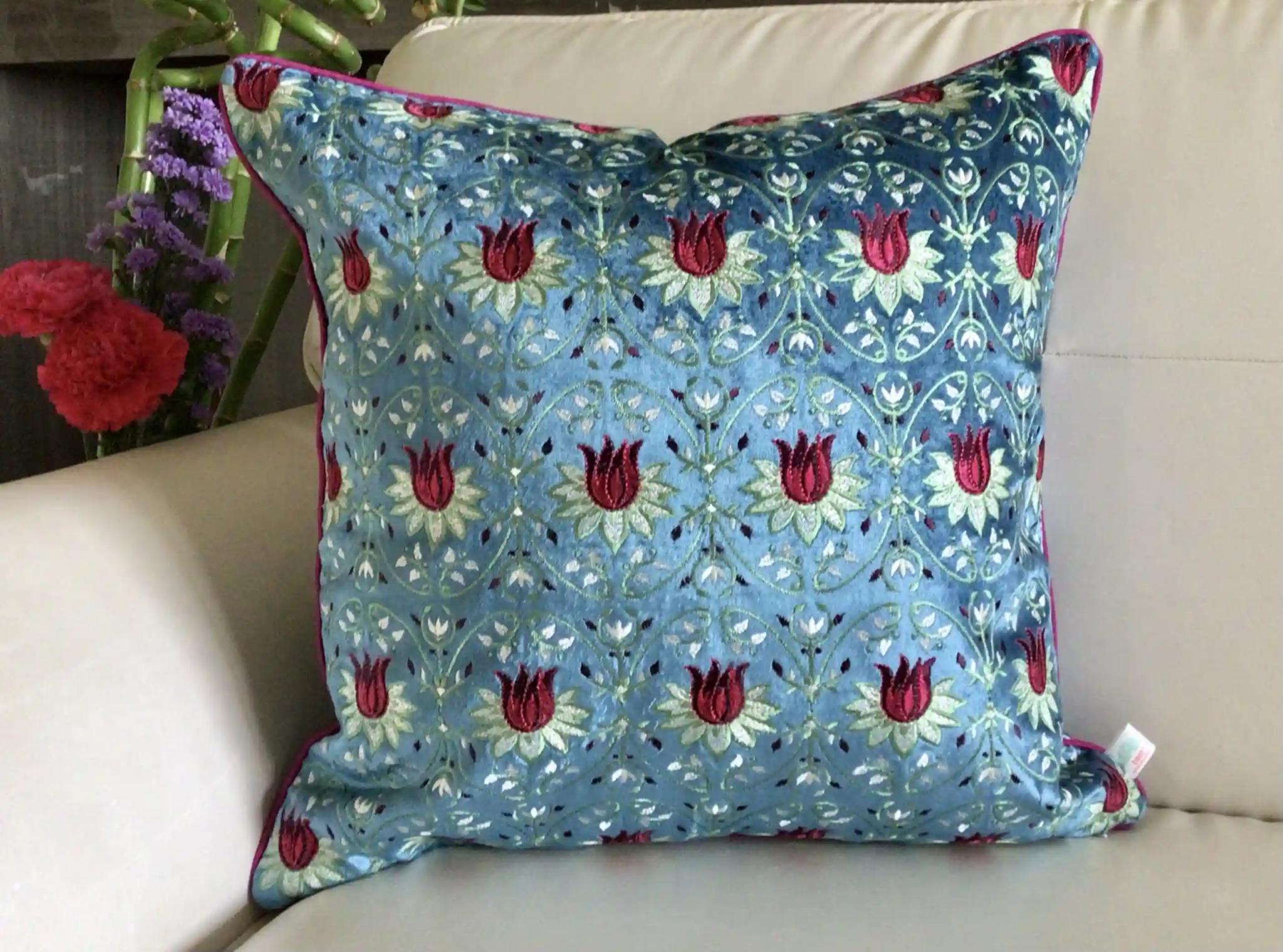 Tulipani- Embroidered Luxury Velvet Cushion Cover- Ocean Blue- Set of 1