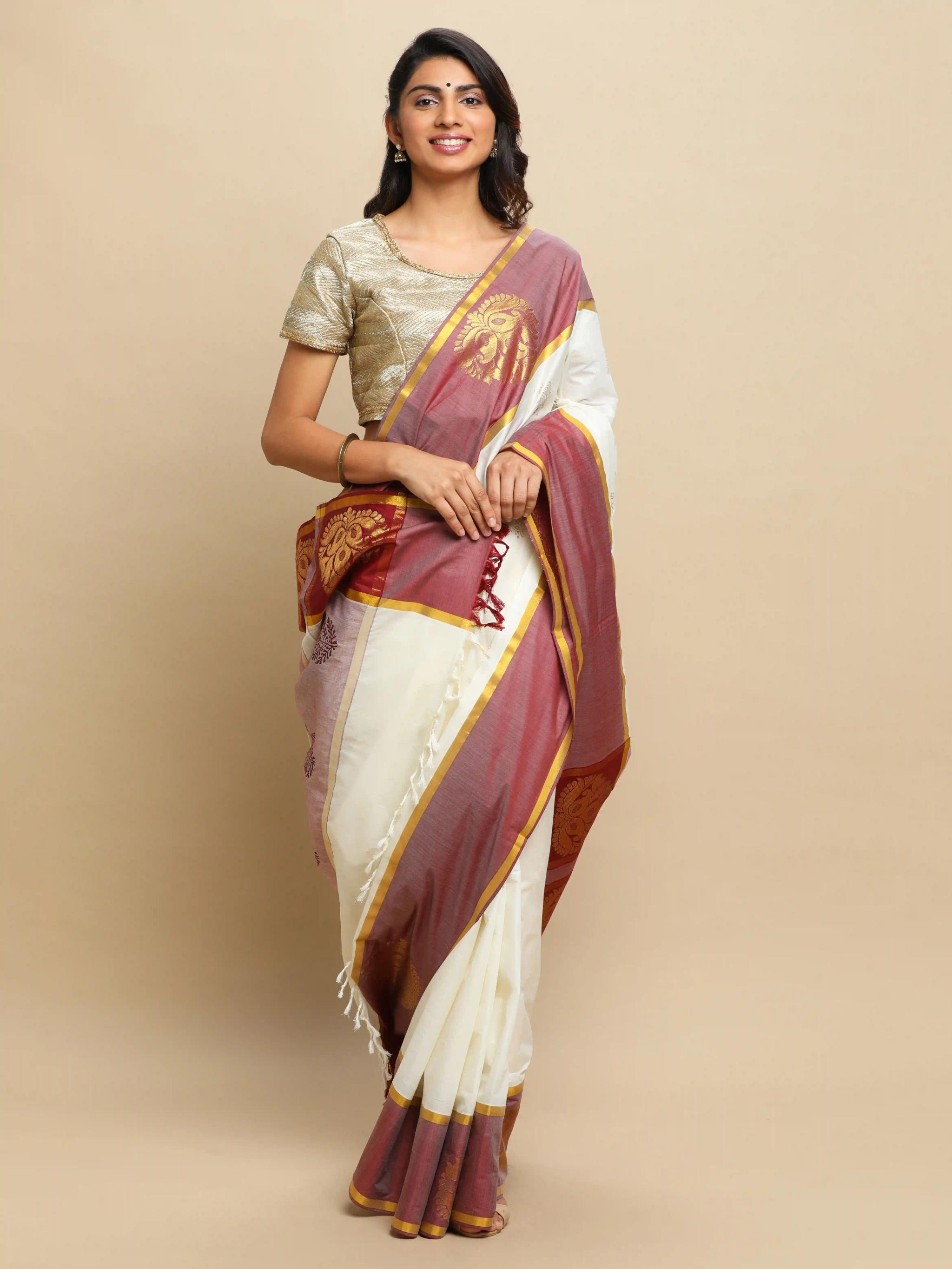 Plain Kerala Kasavu Pure Cotton Saree With Woven Border And Gold Prints All Over - Off White & Maroon