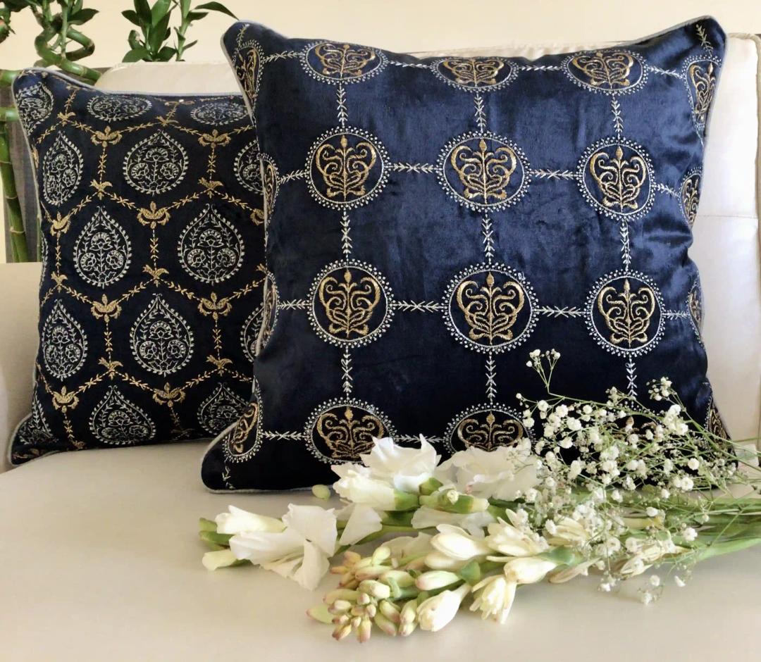 Cleopatra- Embroidered Luxury Velvet Cushion Cover- Midnight Blue- Set of 1