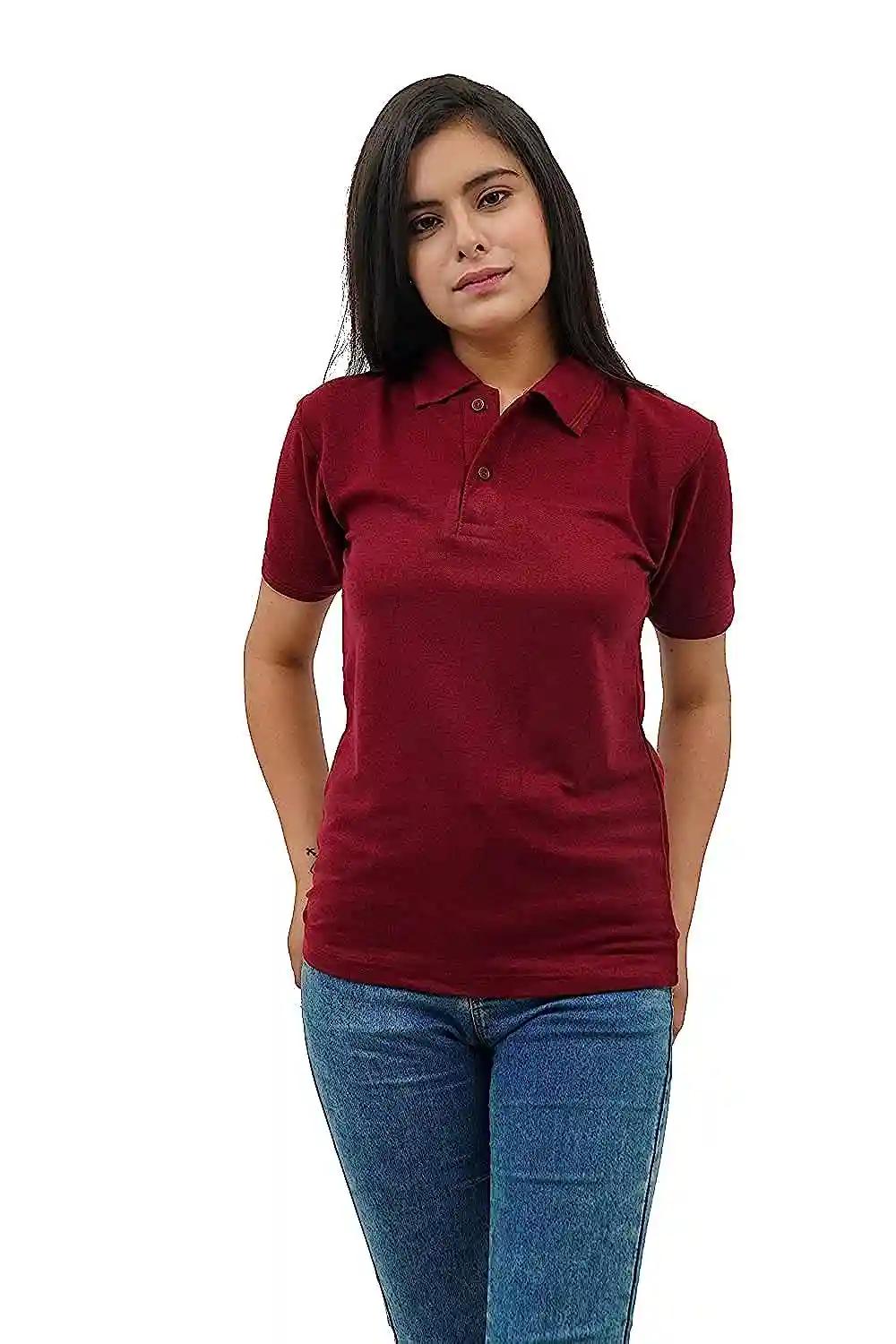 Cotton Polo Neck T-Shirt For Women - Maroon  (Small)