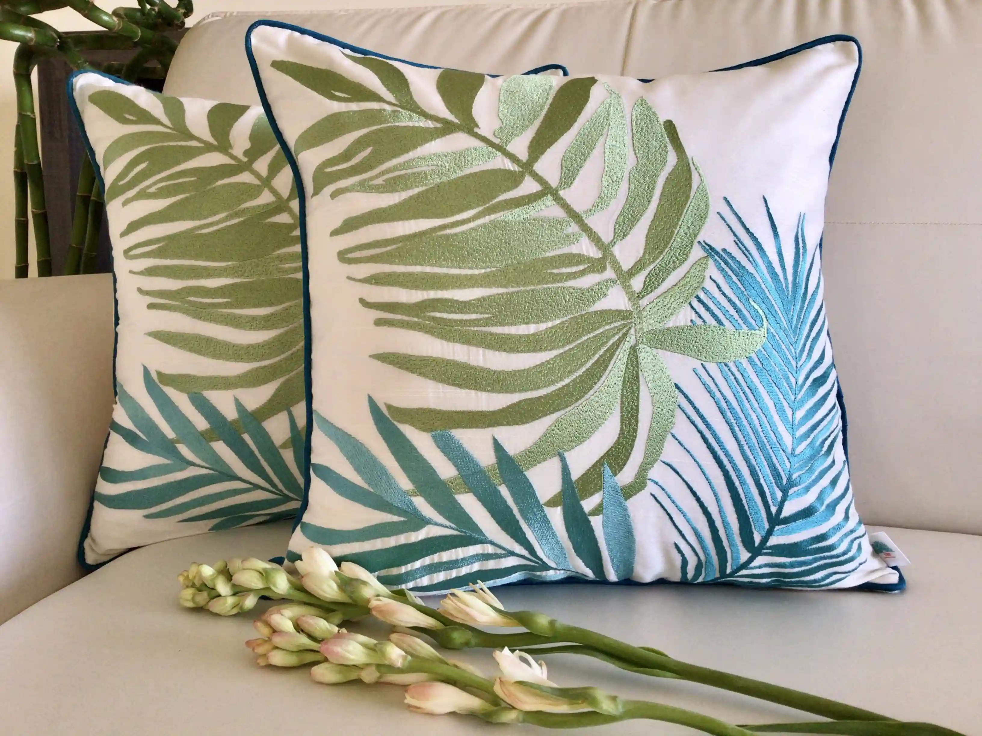 Palm Springs-  Embroidered Cotton Silk Cushion Cover- Aqua Blue- Set of 2