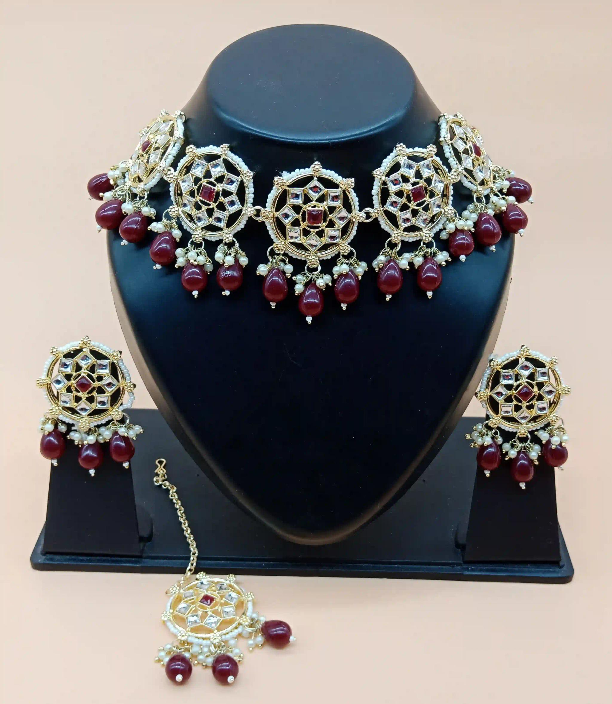 Hexa Style Pearl Moti Kundan Set - Maroon