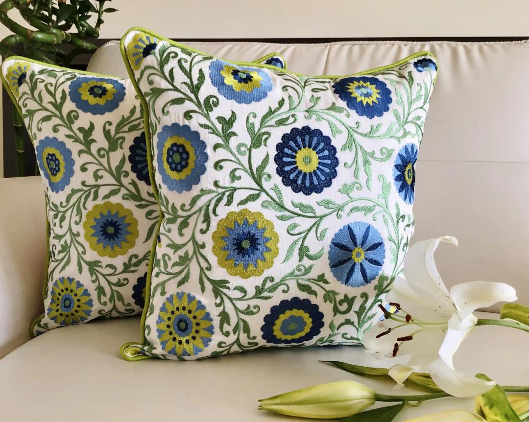 Shaan-e-Gulmarg-  Embroidered Cotton Silk Cushion Cover- Blue & Green- Set of 2