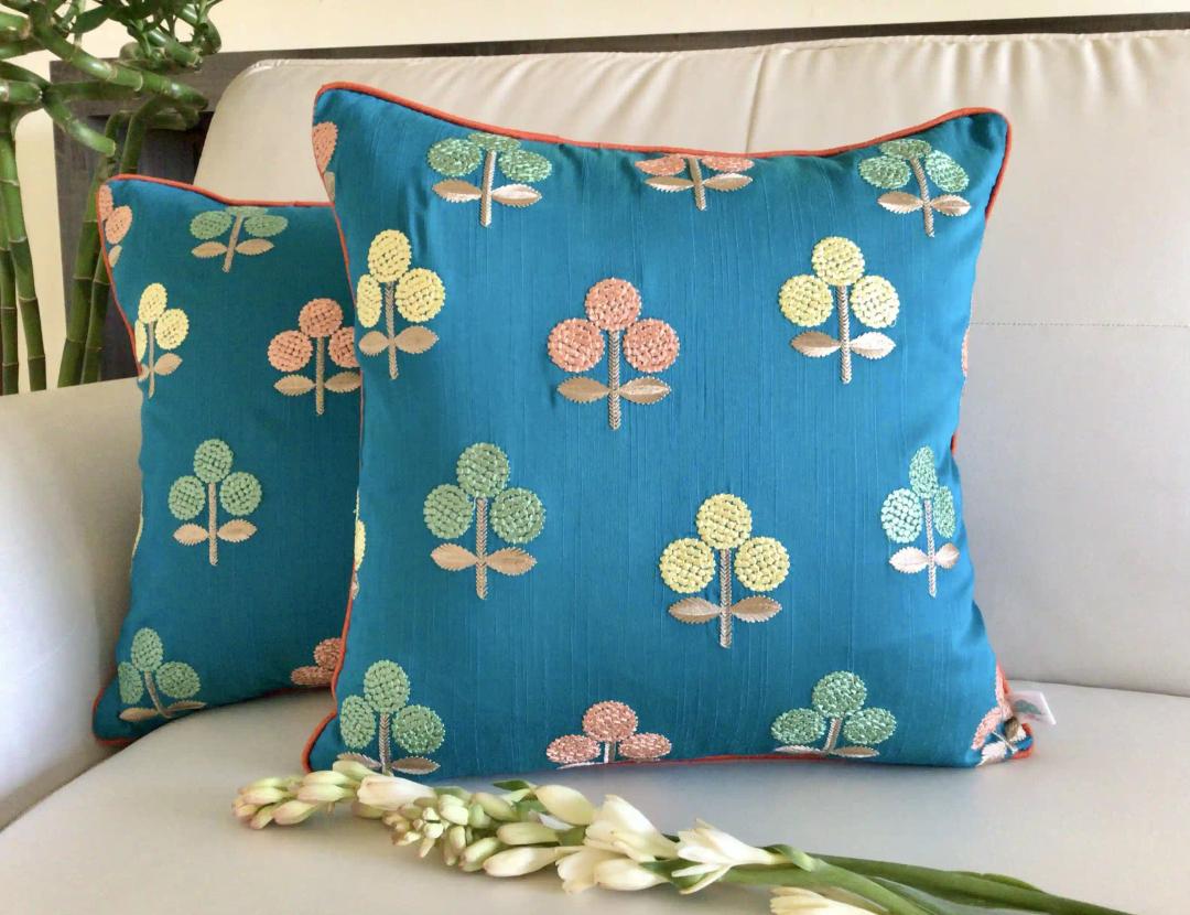 Chinar- Embroidered Cotton Silk Cushion Cover- Aqua Blue & Orange- Set of 2