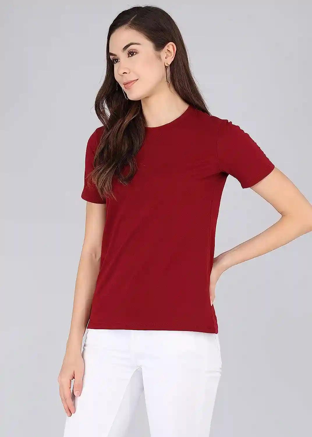 Cotton Round Neck T-Shirt For Women - Maroon (Small)